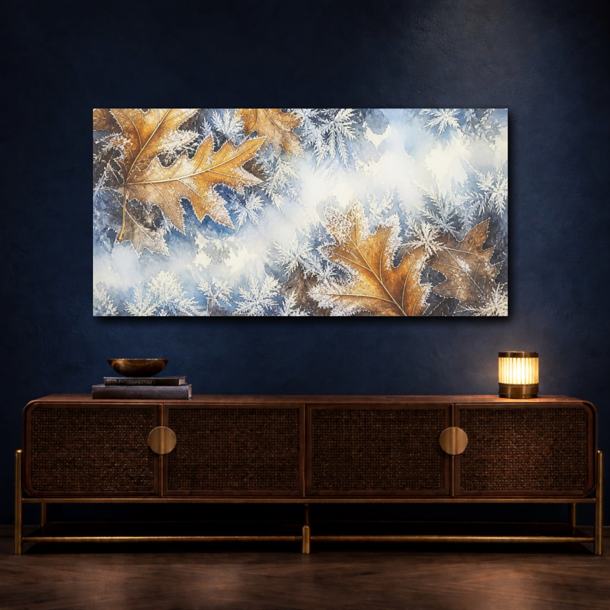 Mockup 4. Nature Frosted Oak Leaves shown as canvas print