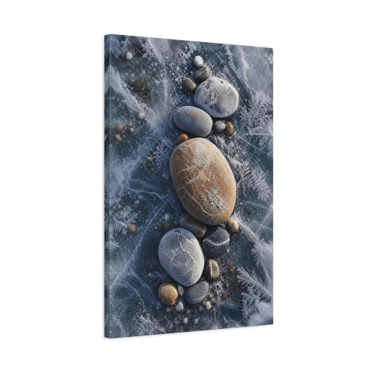 Side Mockup 2. Nature Frosted Stones Blue And Brown shown as stretched canvas wall art