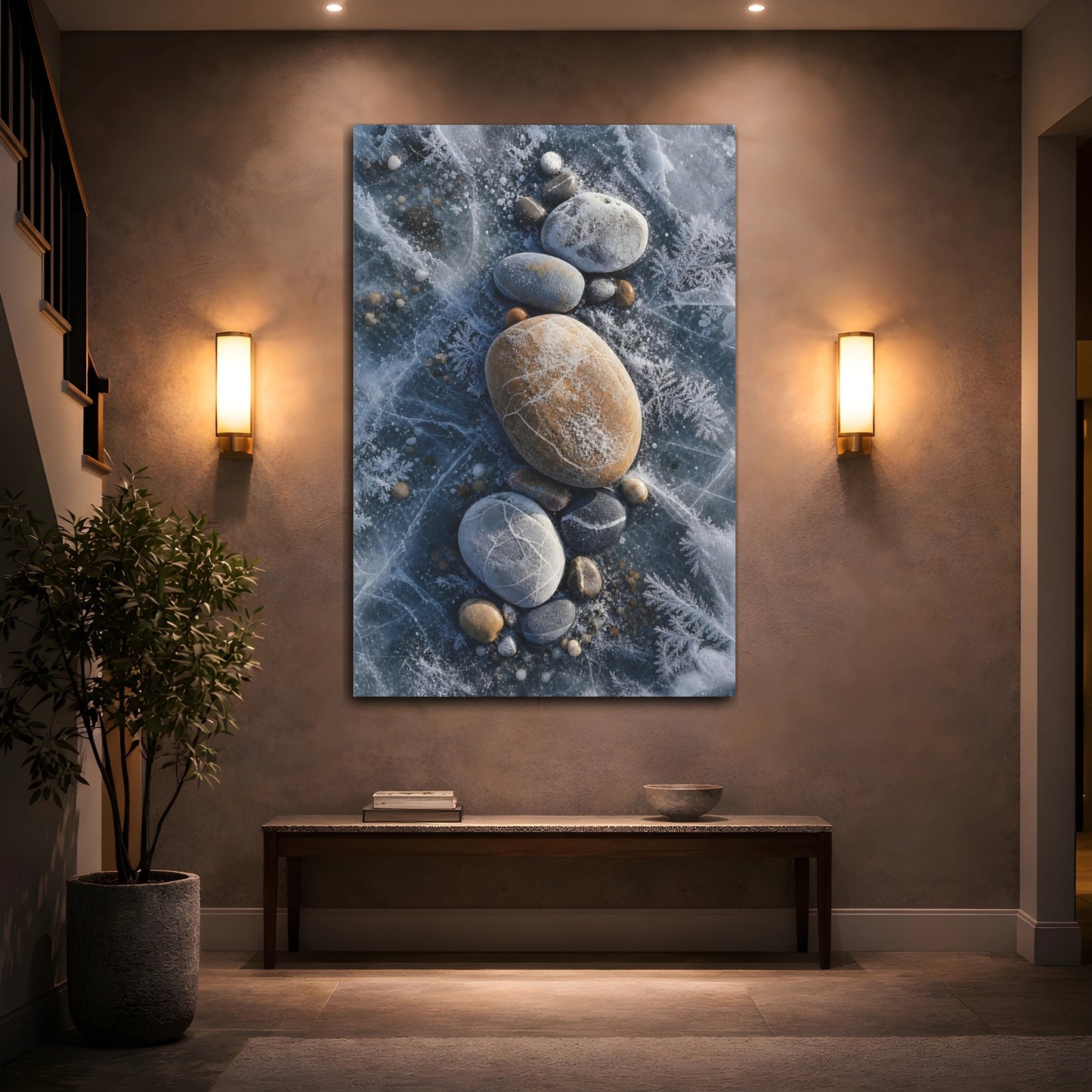 Mockup 2. Nature Frosted Stones Blue And Brown shown as stretched canvas wall art