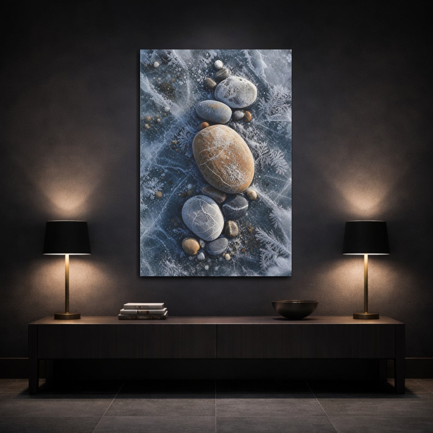 Mockup 3. Nature Frosted Stones Blue And Brown shown as stretched canvas wall art