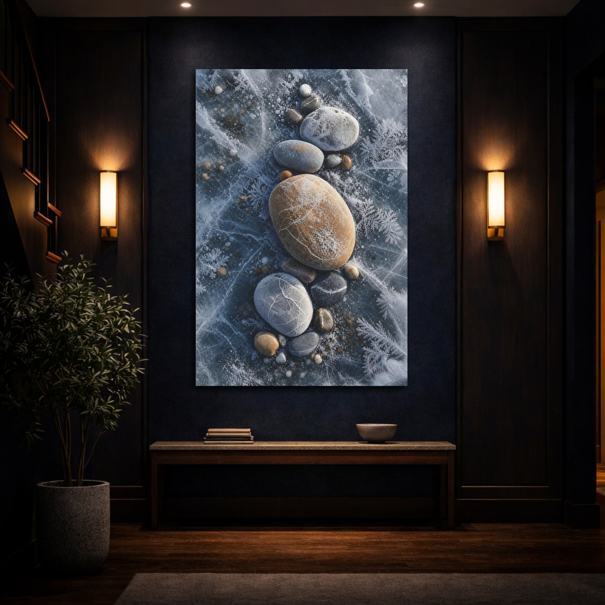 Mockup 4. Nature Frosted Stones Blue And Brown shown as stretched canvas wall art