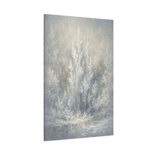Main Mockup. Nature Frosted Trees Winter Tones shown as stretched canvas wall art