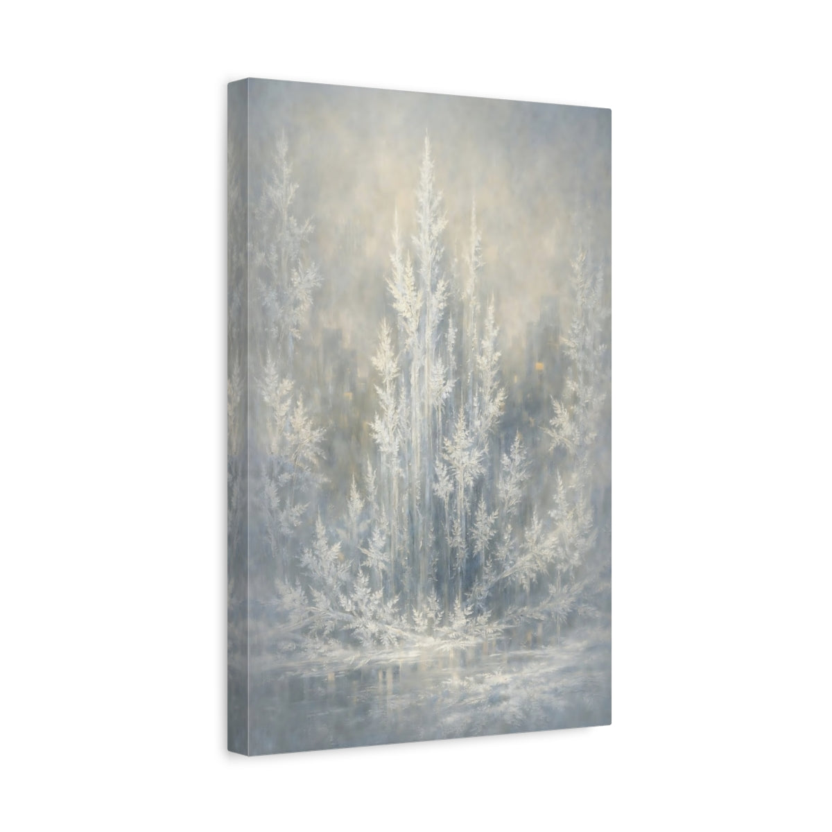 Side Mockup 4. Nature Frosted Trees Winter Tones shown as stretched canvas wall art