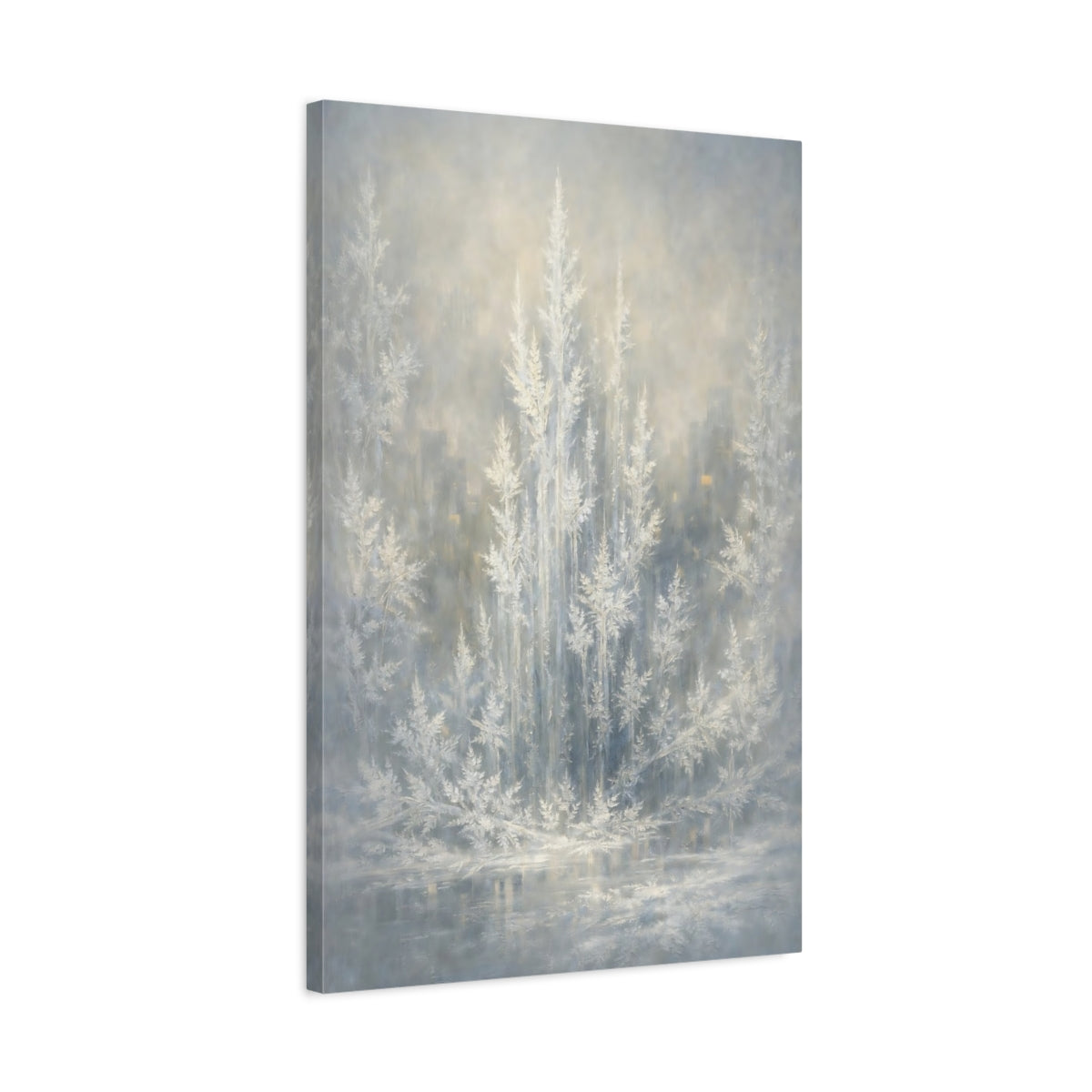 Side Mockup 2. Nature Frosted Trees Winter Tones shown as stretched canvas wall art