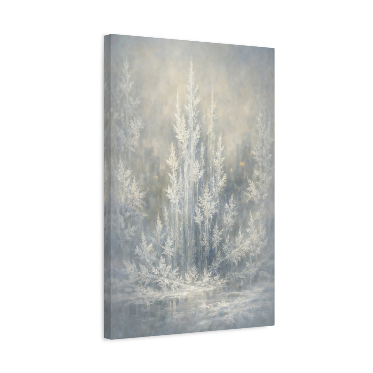 Side Mockup 3. Nature Frosted Trees Winter Tones shown as stretched canvas wall art