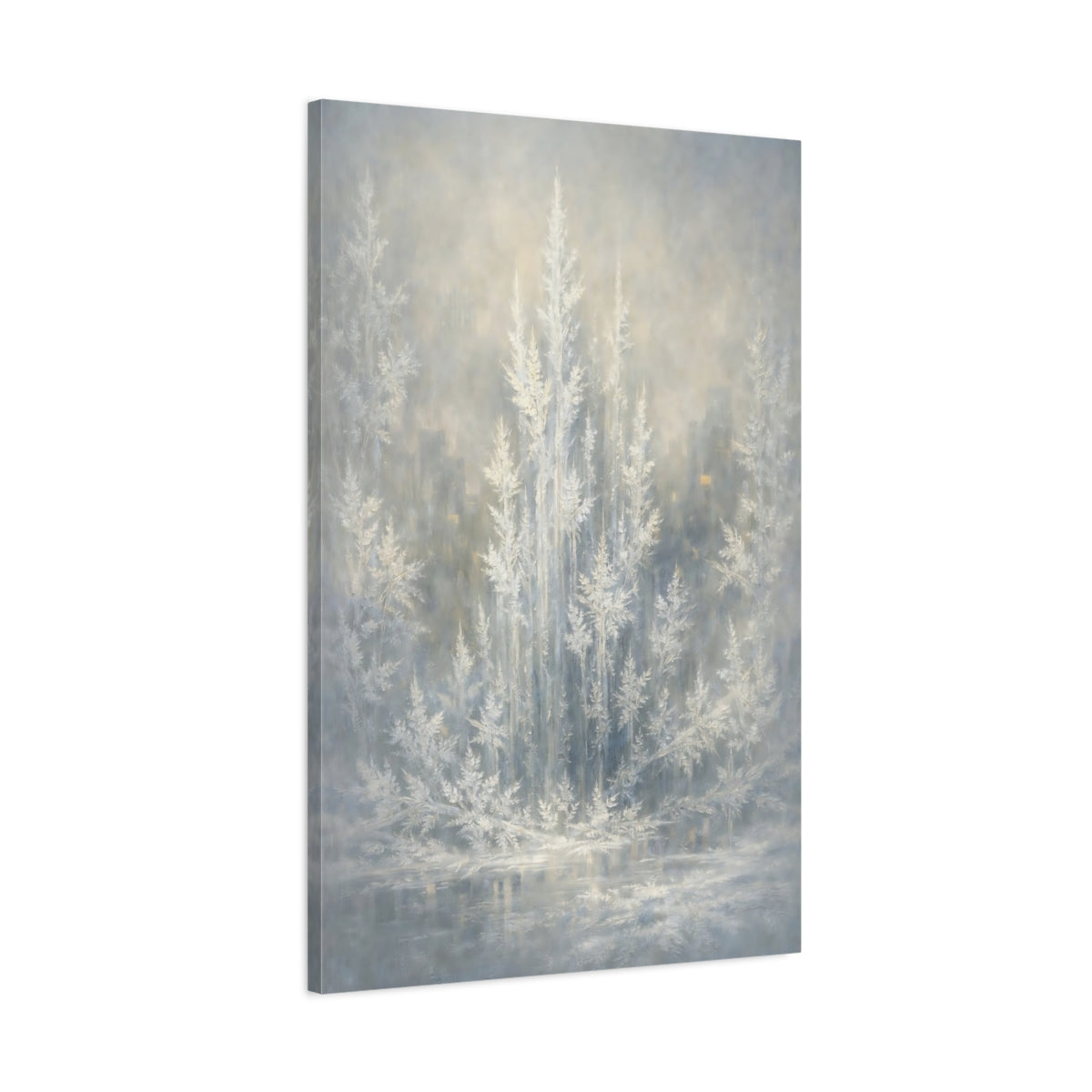 Side Mockup 1. Nature Frosted Trees Winter Tones shown as stretched canvas wall art
