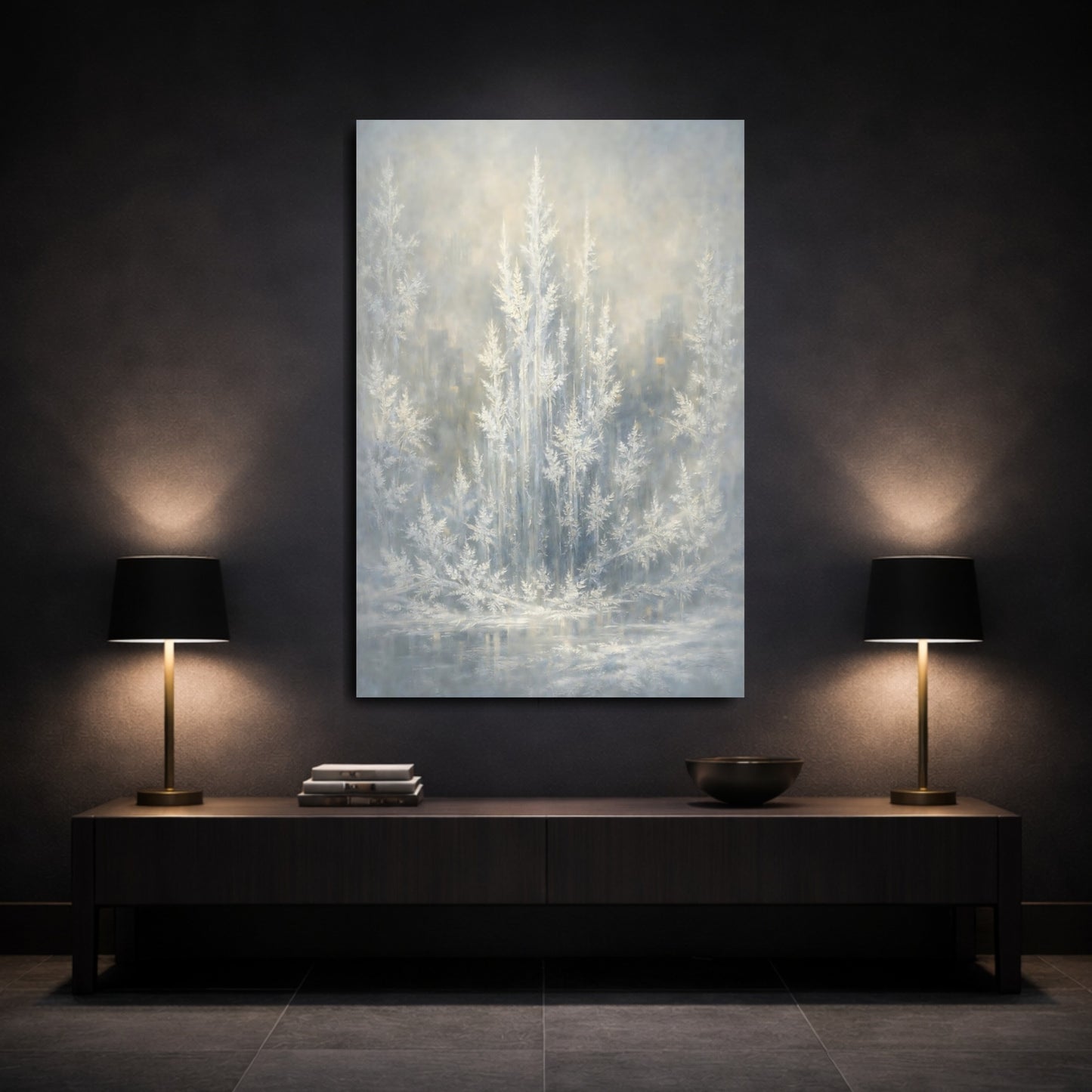 Mockup 2. Nature Frosted Trees Winter Tones shown as stretched canvas wall art