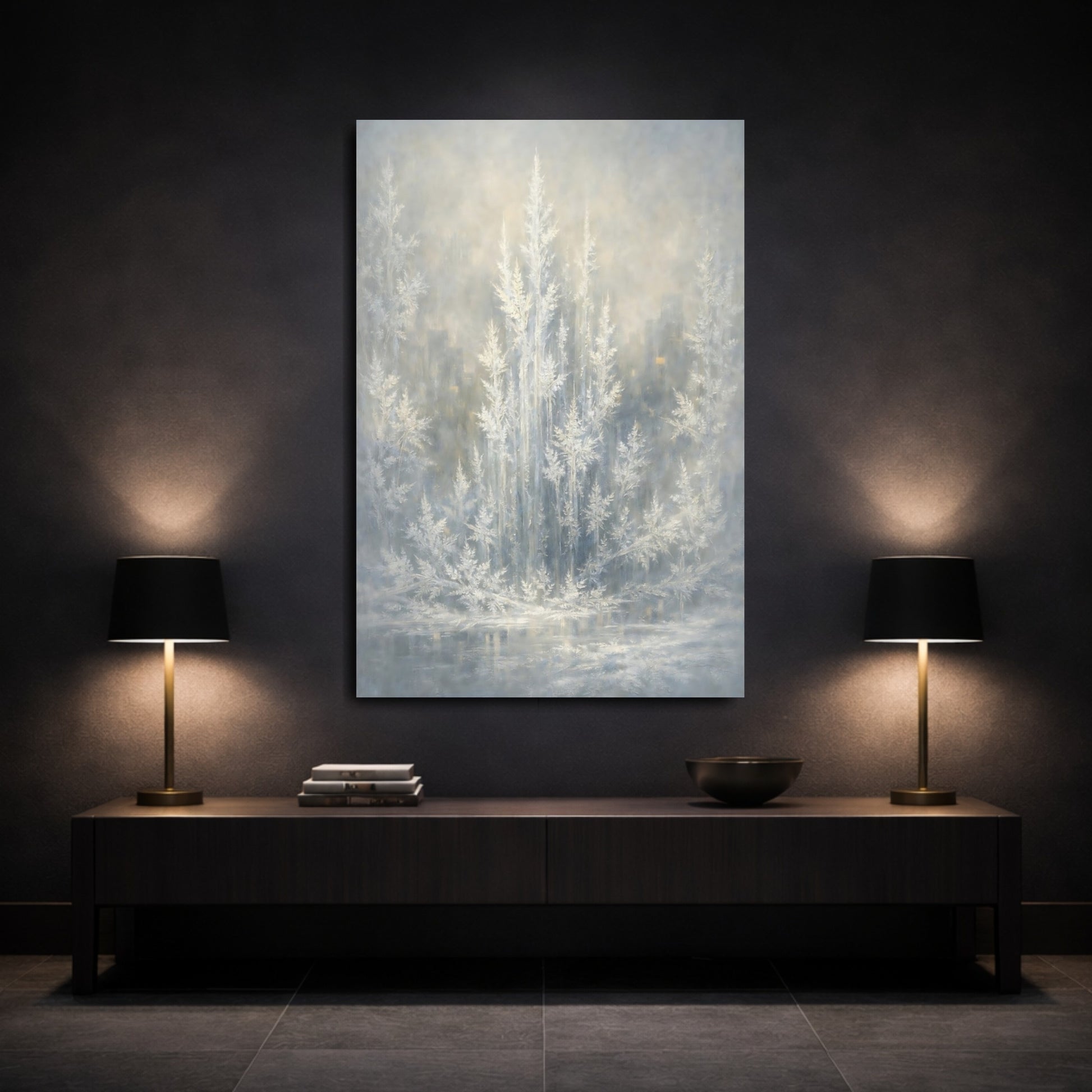 Mockup 2. Nature Frosted Trees Winter Tones shown as stretched canvas wall art
