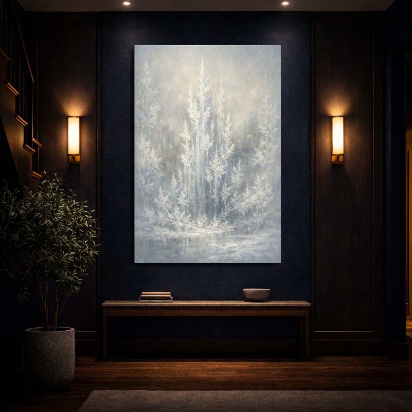 Mockup 3. Nature Frosted Trees Winter Tones shown as stretched canvas wall art