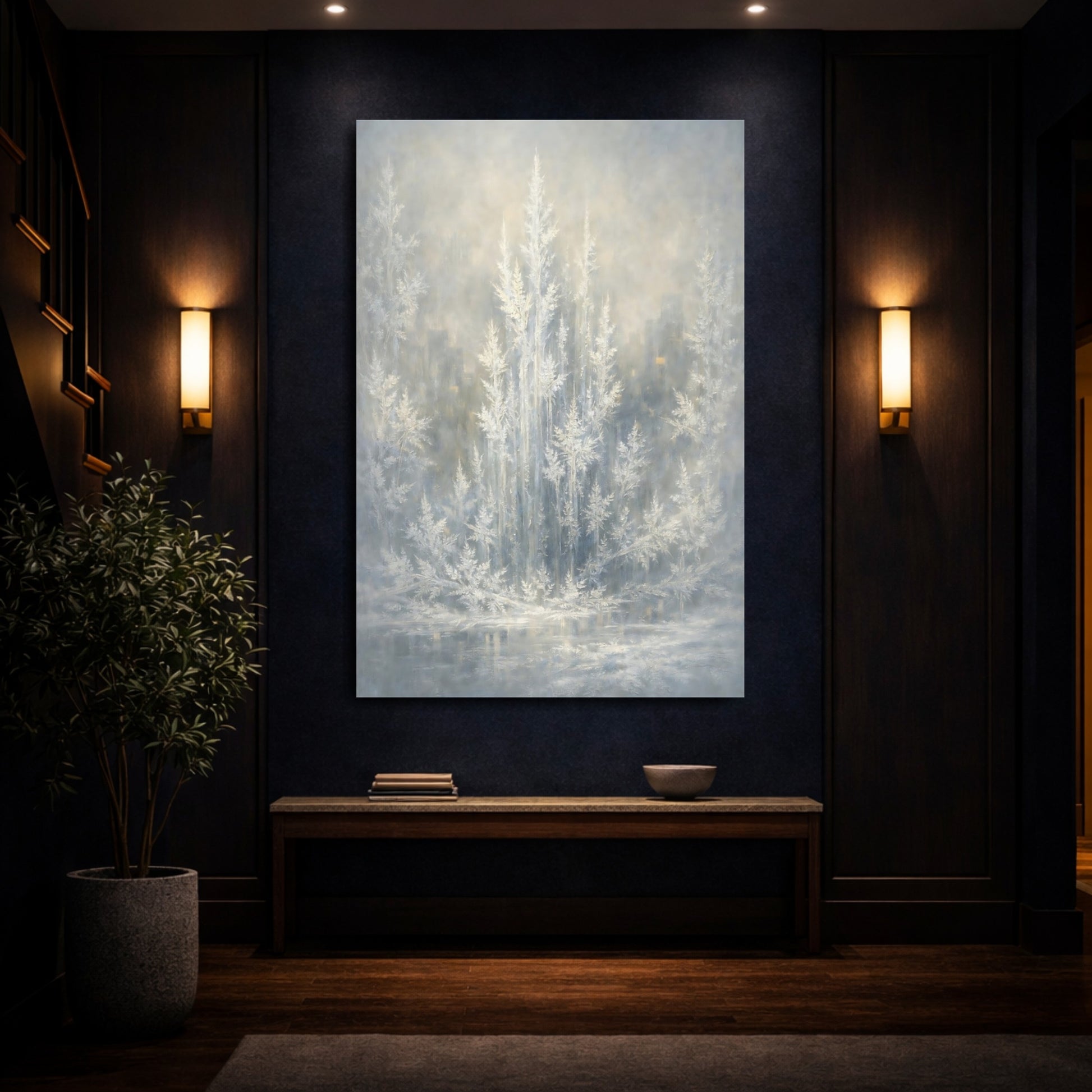Mockup 3. Nature Frosted Trees Winter Tones shown as stretched canvas wall art