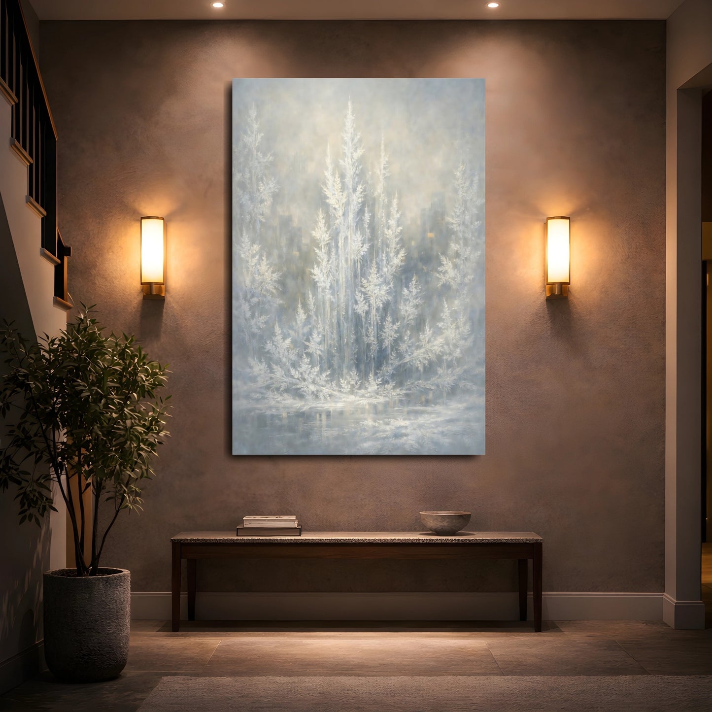 Mockup 4. Nature Frosted Trees Winter Tones shown as stretched canvas wall art