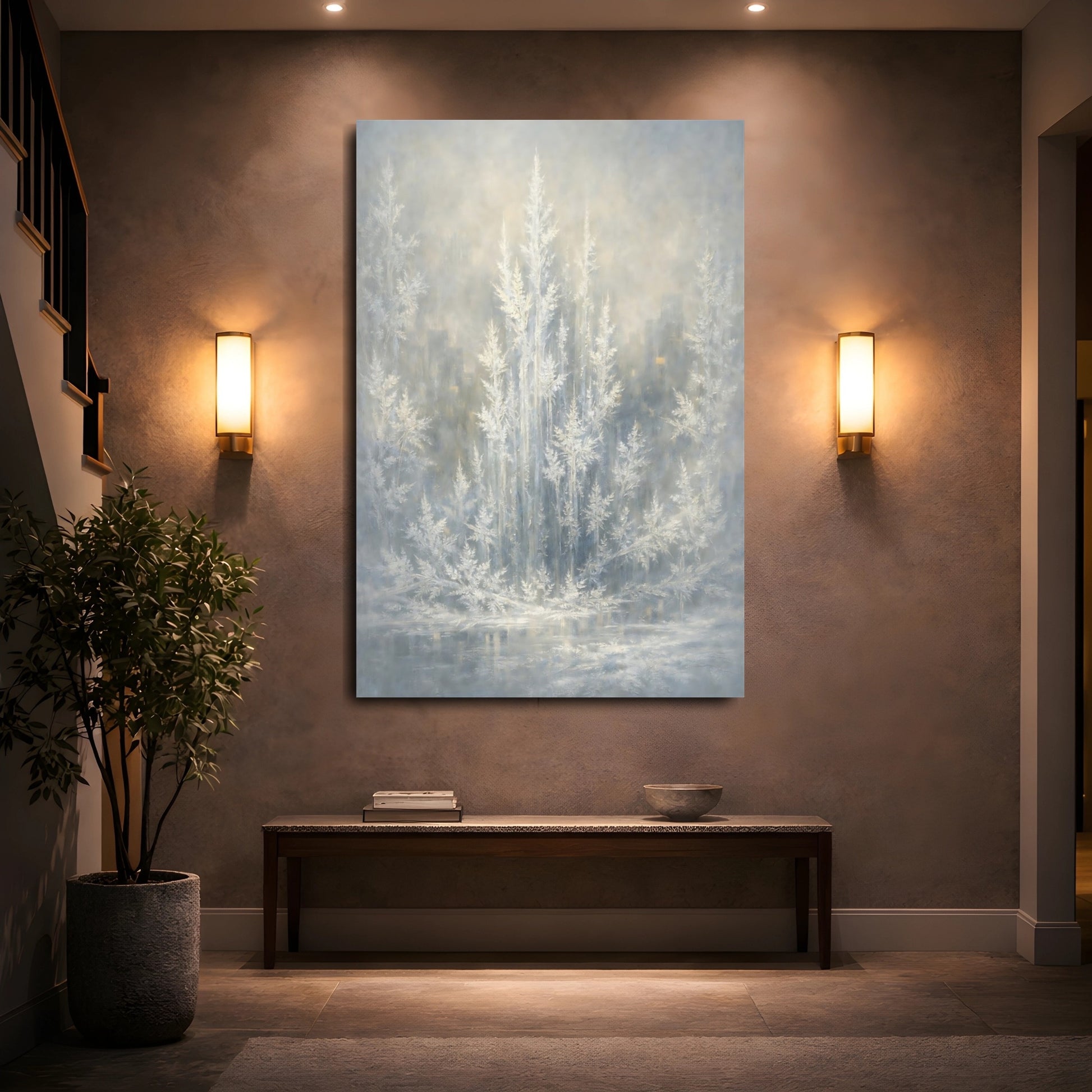 Mockup 4. Nature Frosted Trees Winter Tones shown as stretched canvas wall art