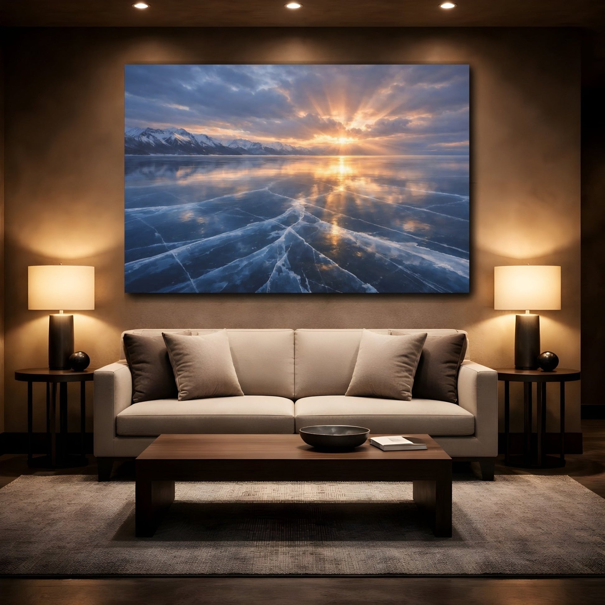 Nature Frozen Lake Blue And Orange - Canvas Wall Art Print - YesArtYes