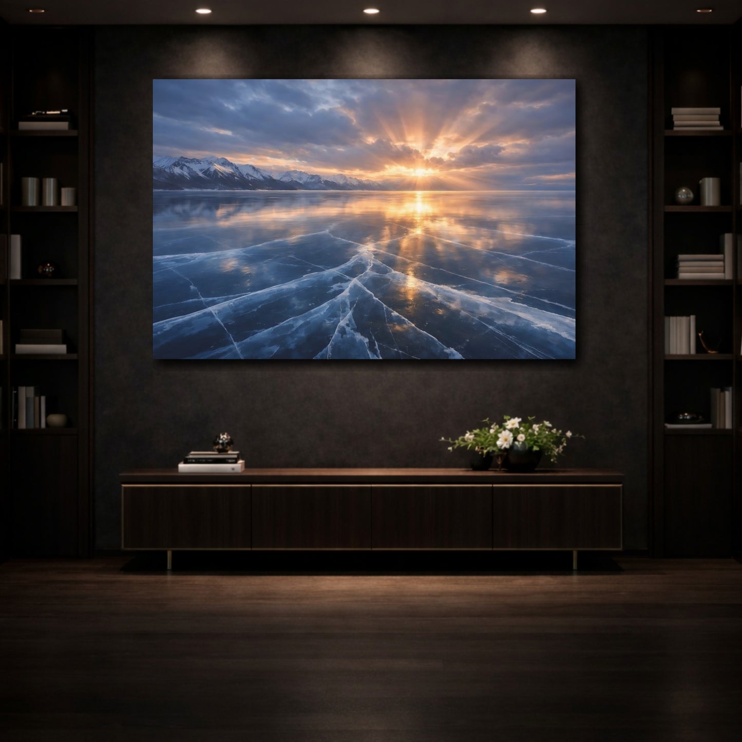 Mockup 3. Nature Frozen Lake Blue And Orange Landscape shown as stretched canvas wall art