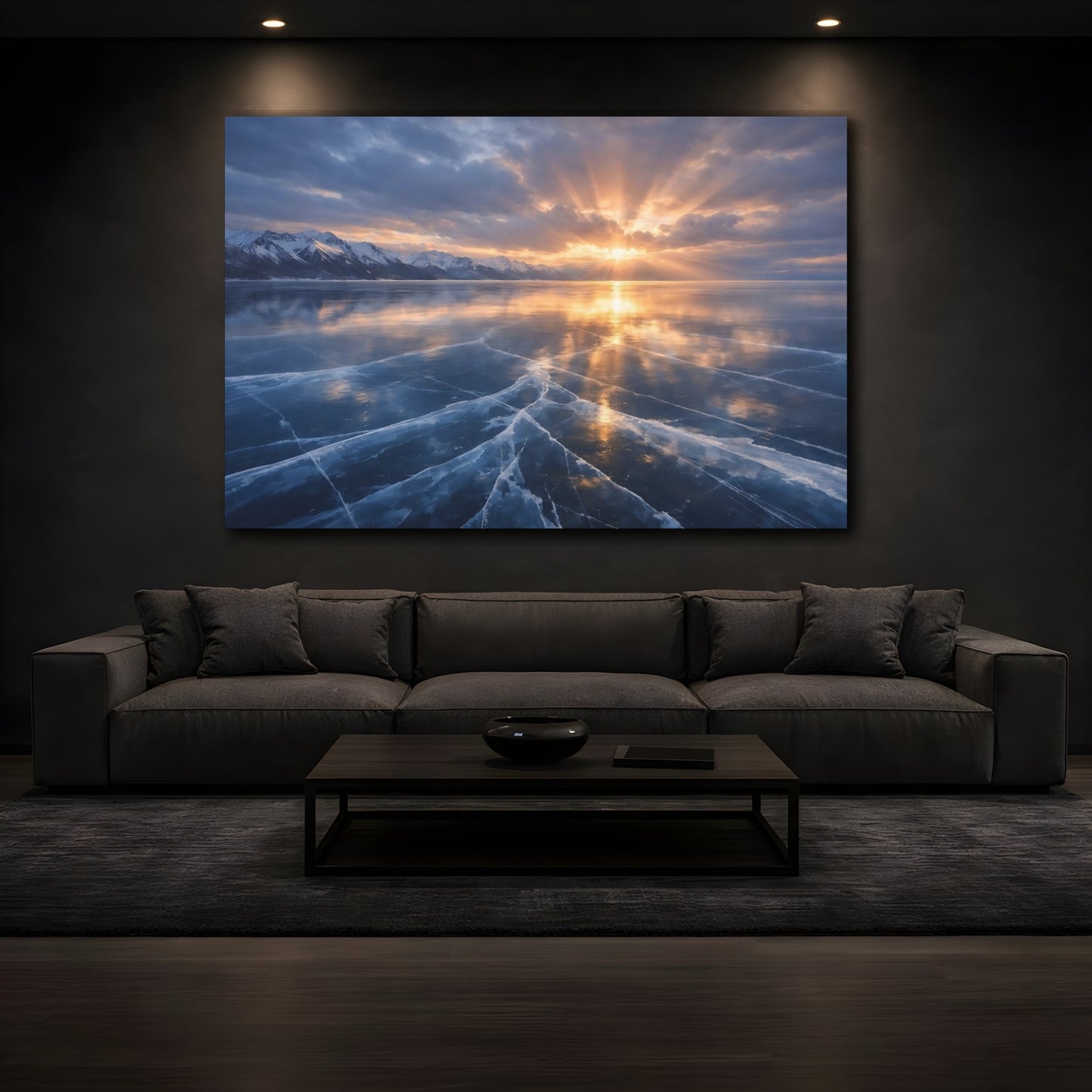Mockup 4. Nature Frozen Lake Blue And Orange Landscape shown as stretched canvas wall art
