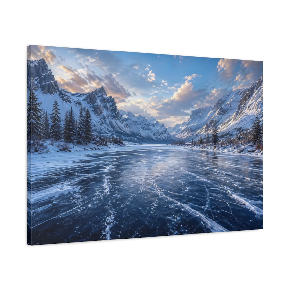 Main Mockup. Nature Frozen Lake Blue Winter shown as stretched canvas wall art