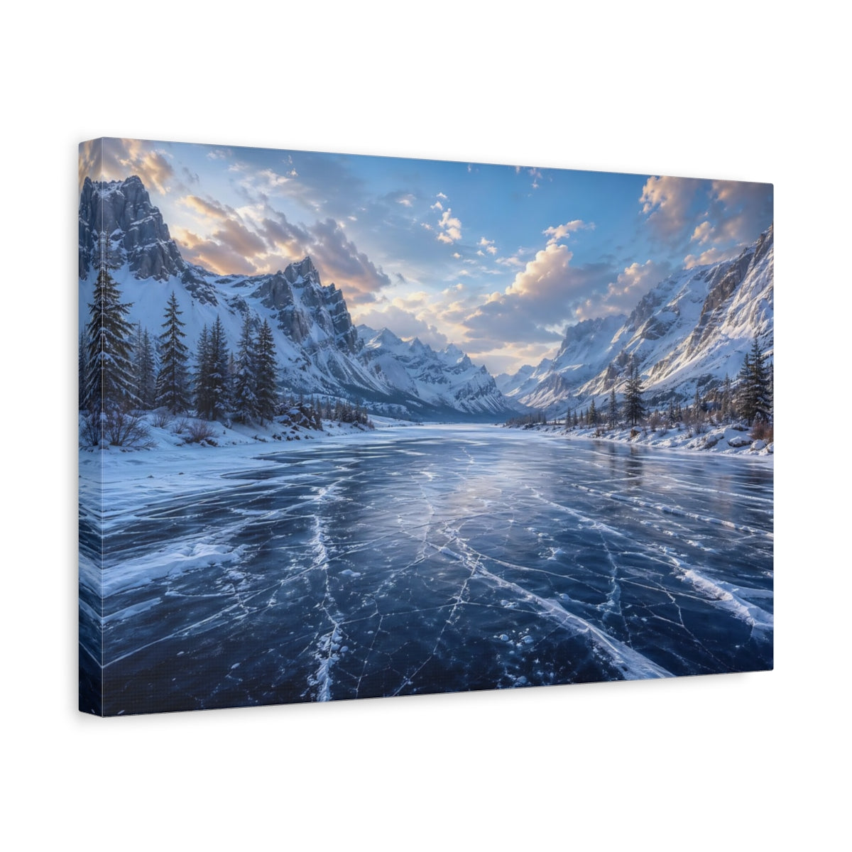 Side Mockup 4. Nature Frozen Lake Blue Winter shown as stretched canvas wall art