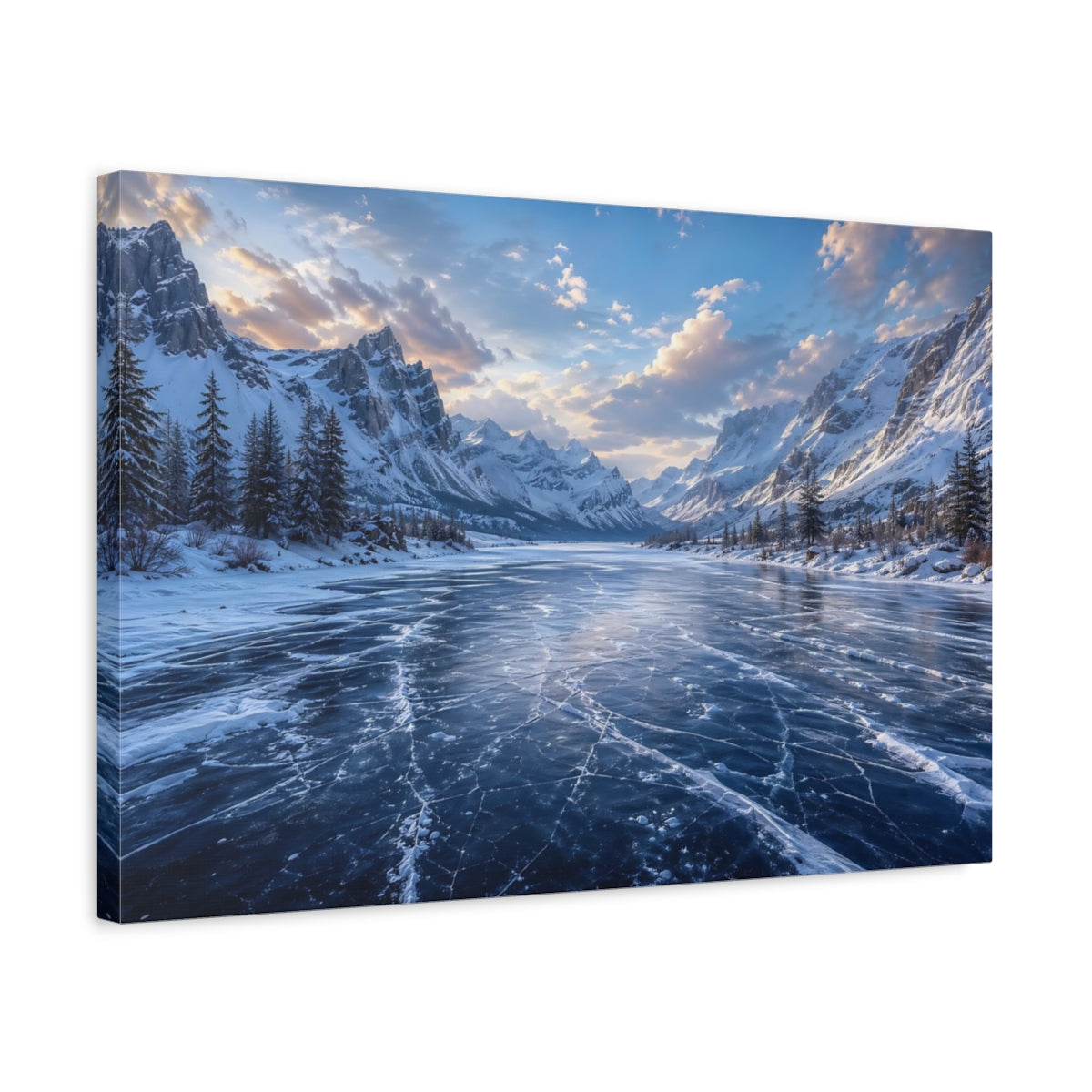 Side Mockup 3. Nature Frozen Lake Blue Winter shown as stretched canvas wall art
