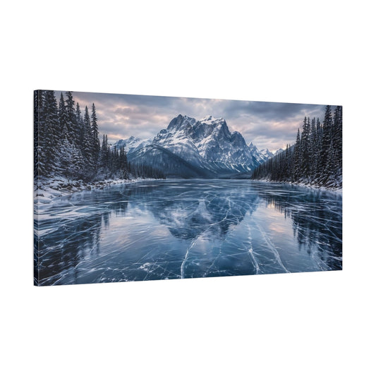 Main Mockup. Nature Frozen Lake Blue Winter Landscape shown as stretched canvas wall art