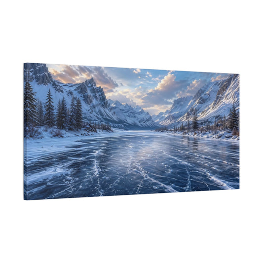 Main Mockup. Nature Frozen Lake Blue Winter Landscape shown as stretched canvas wall art