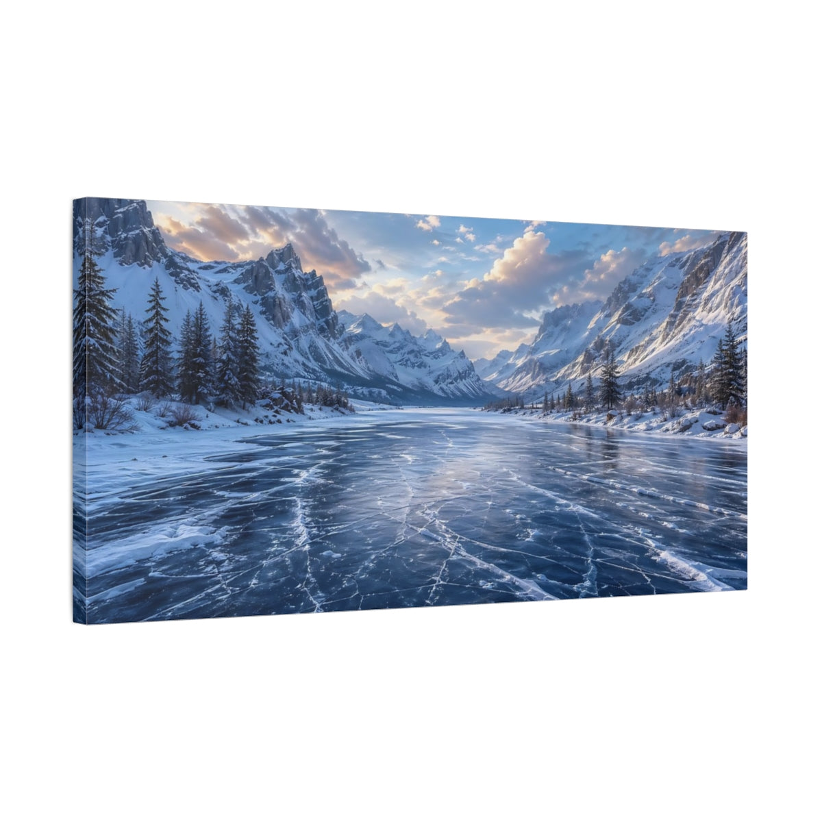 Side Mockup 1. Nature Frozen Lake Blue Winter Landscape shown as stretched canvas wall art