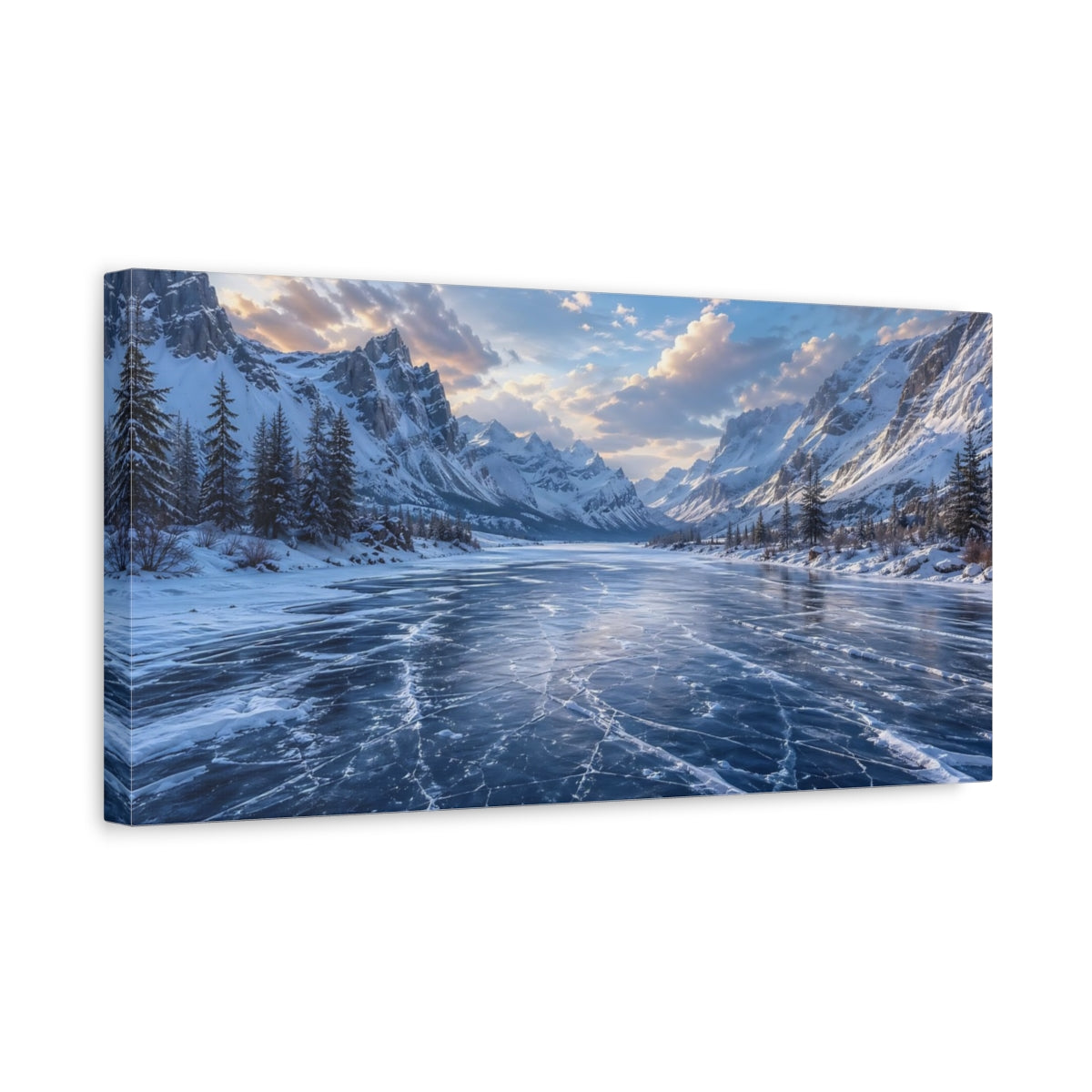 Side Mockup 3. Nature Frozen Lake Blue Winter Landscape shown as stretched canvas wall art