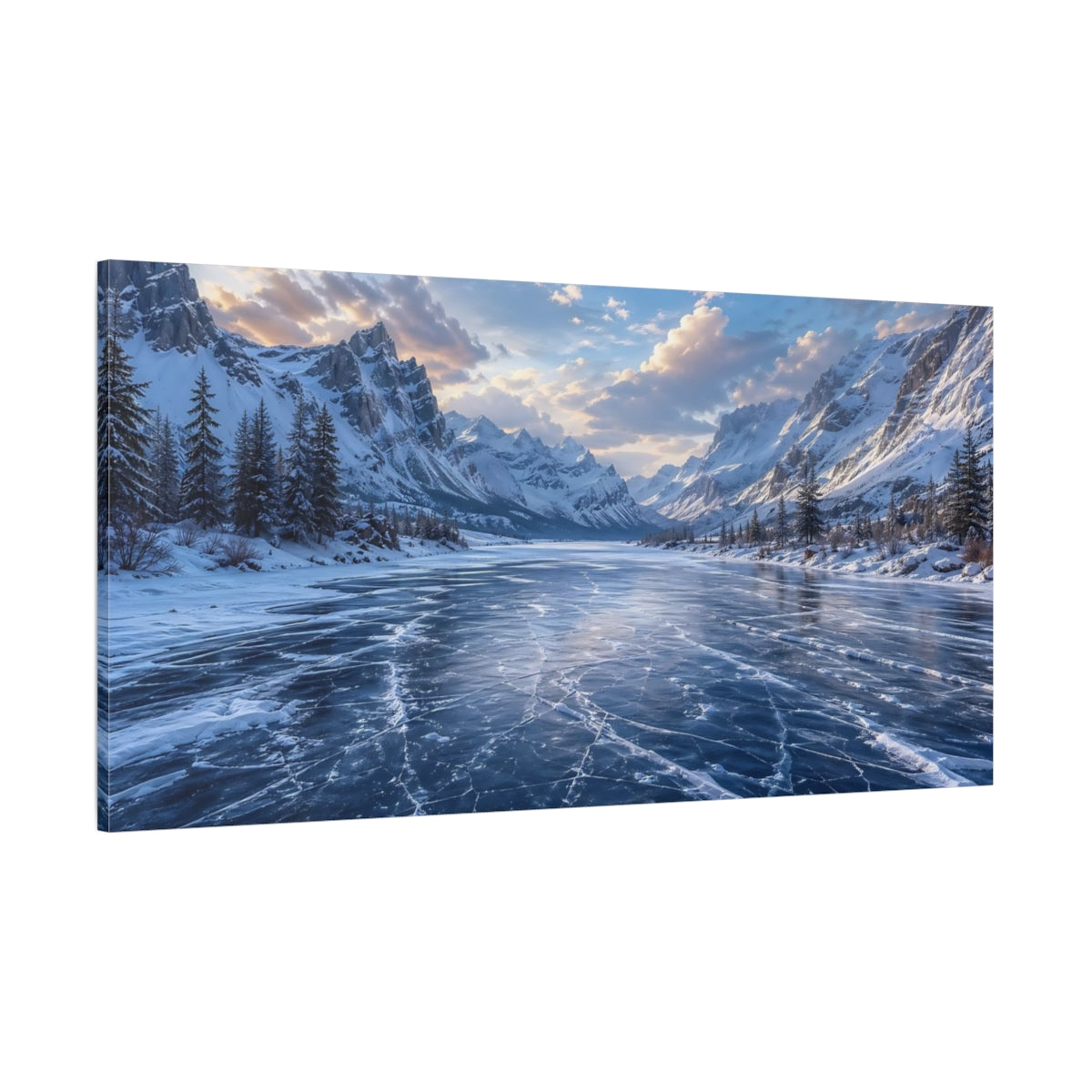 Side Mockup 2. Nature Frozen Lake Blue Winter Landscape shown as stretched canvas wall art