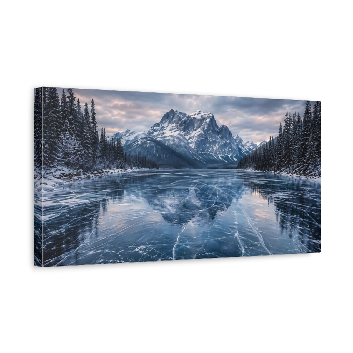 Side Mockup 3. Nature Frozen Lake Blue Winter Landscape shown as stretched canvas wall art