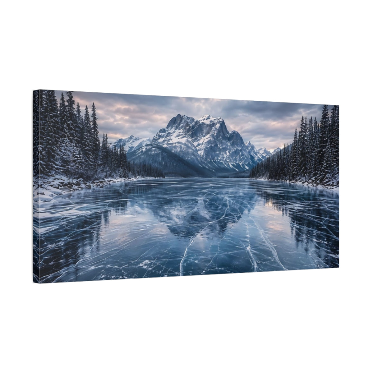 Side Mockup 1. Nature Frozen Lake Blue Winter Landscape shown as stretched canvas wall art