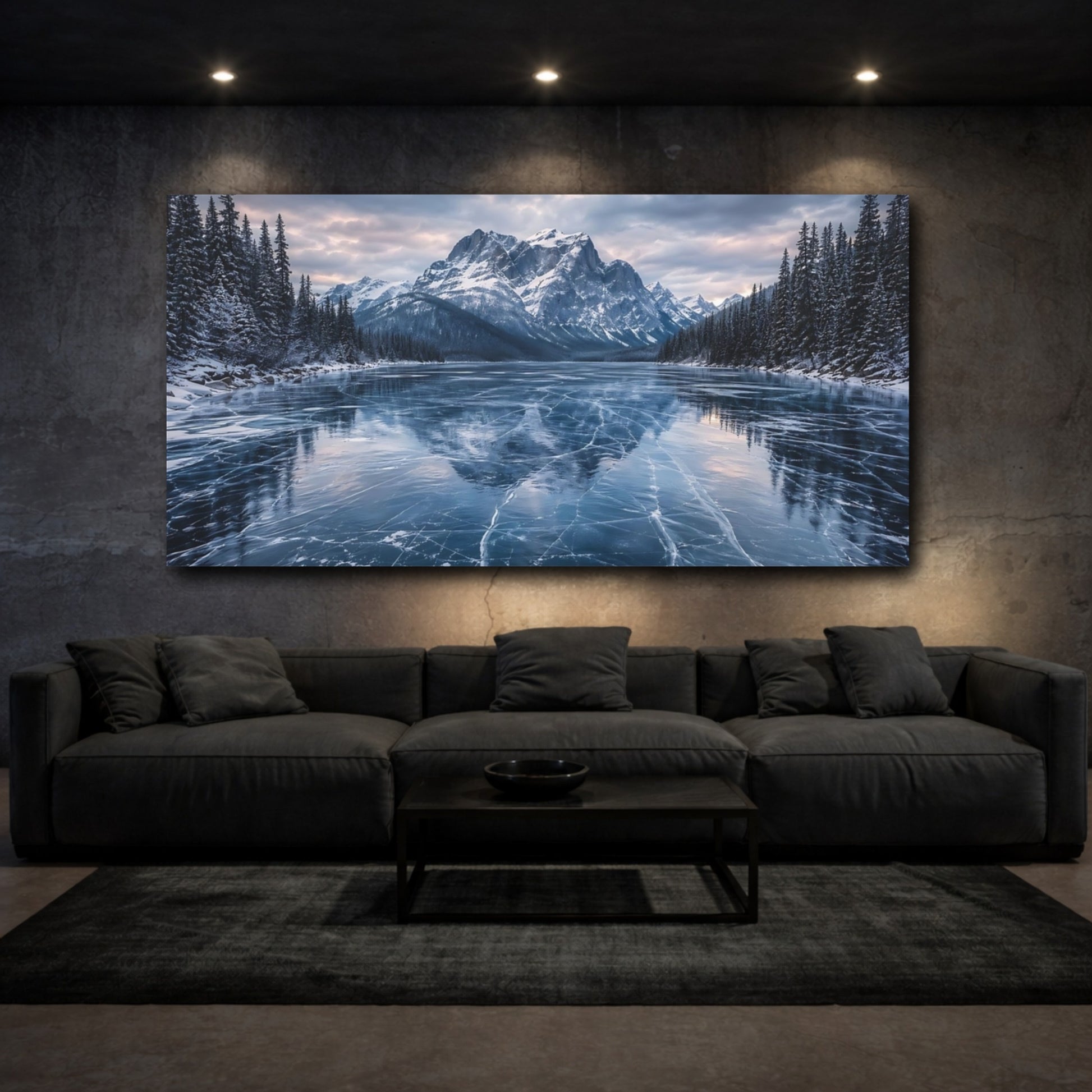 Mockup 2. Nature Frozen Lake Blue Winter Landscape shown as stretched canvas wall art