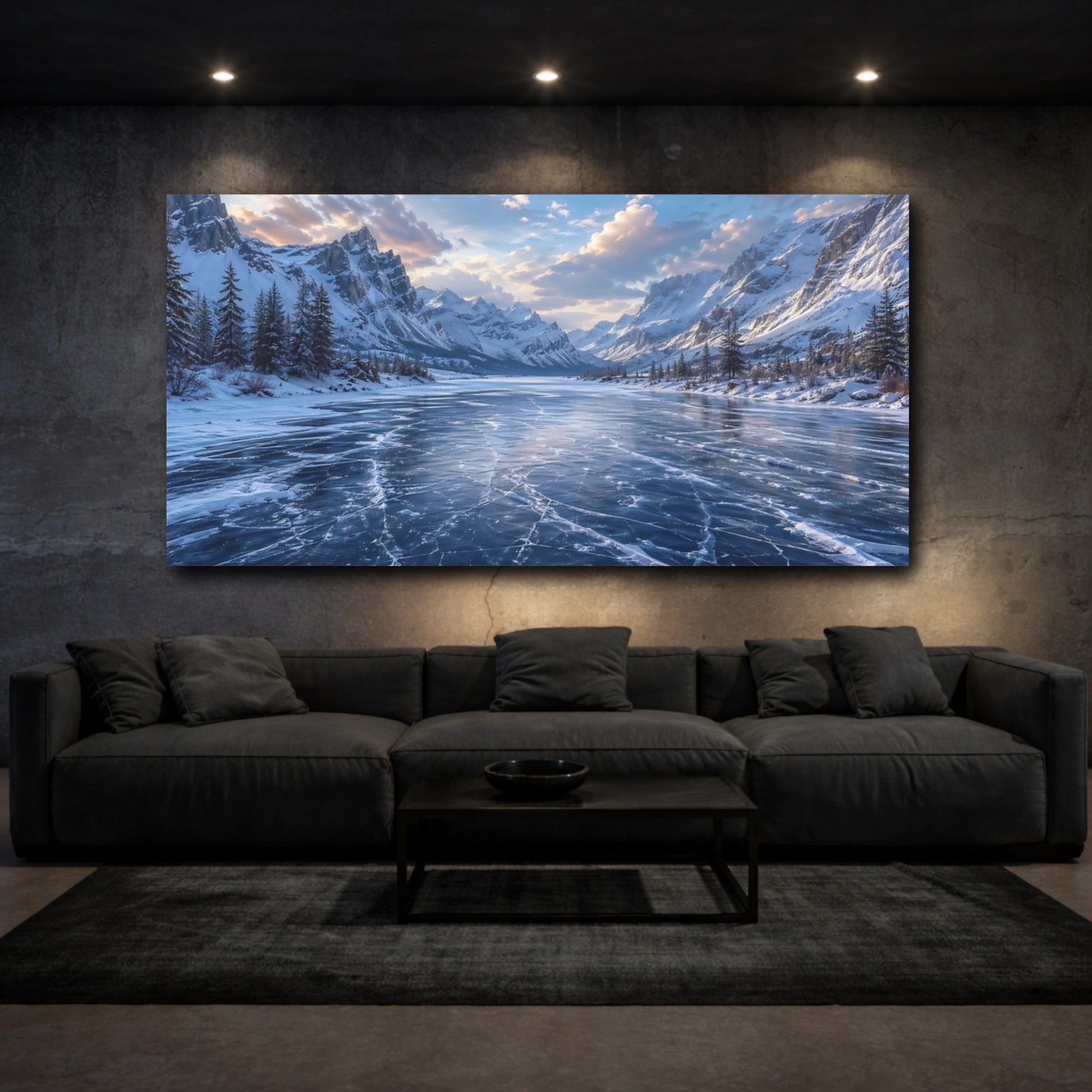 Mockup 2. Nature Frozen Lake Blue Winter Landscape shown as stretched canvas wall art