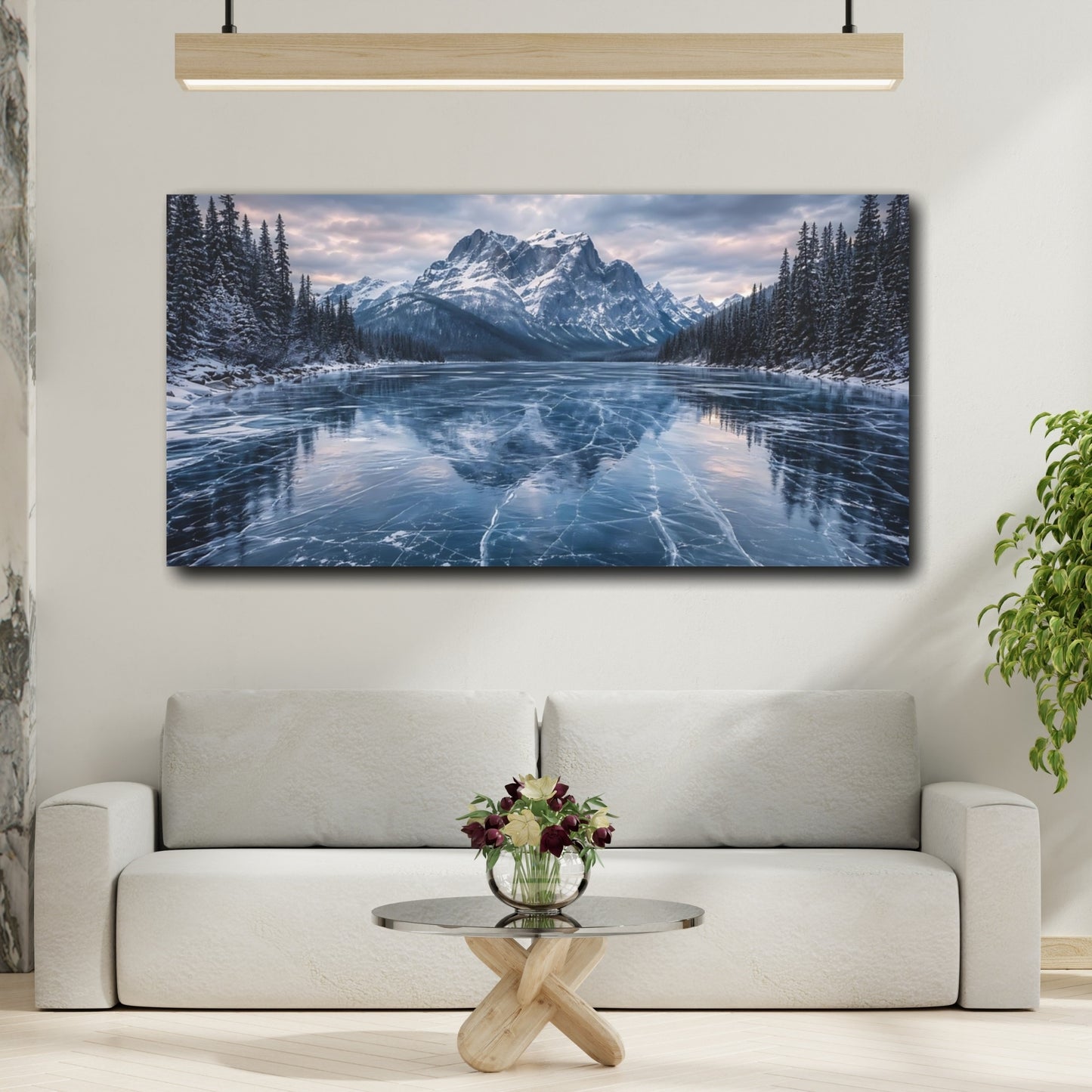 Mockup 3. Nature Frozen Lake Blue Winter Landscape shown as stretched canvas wall art