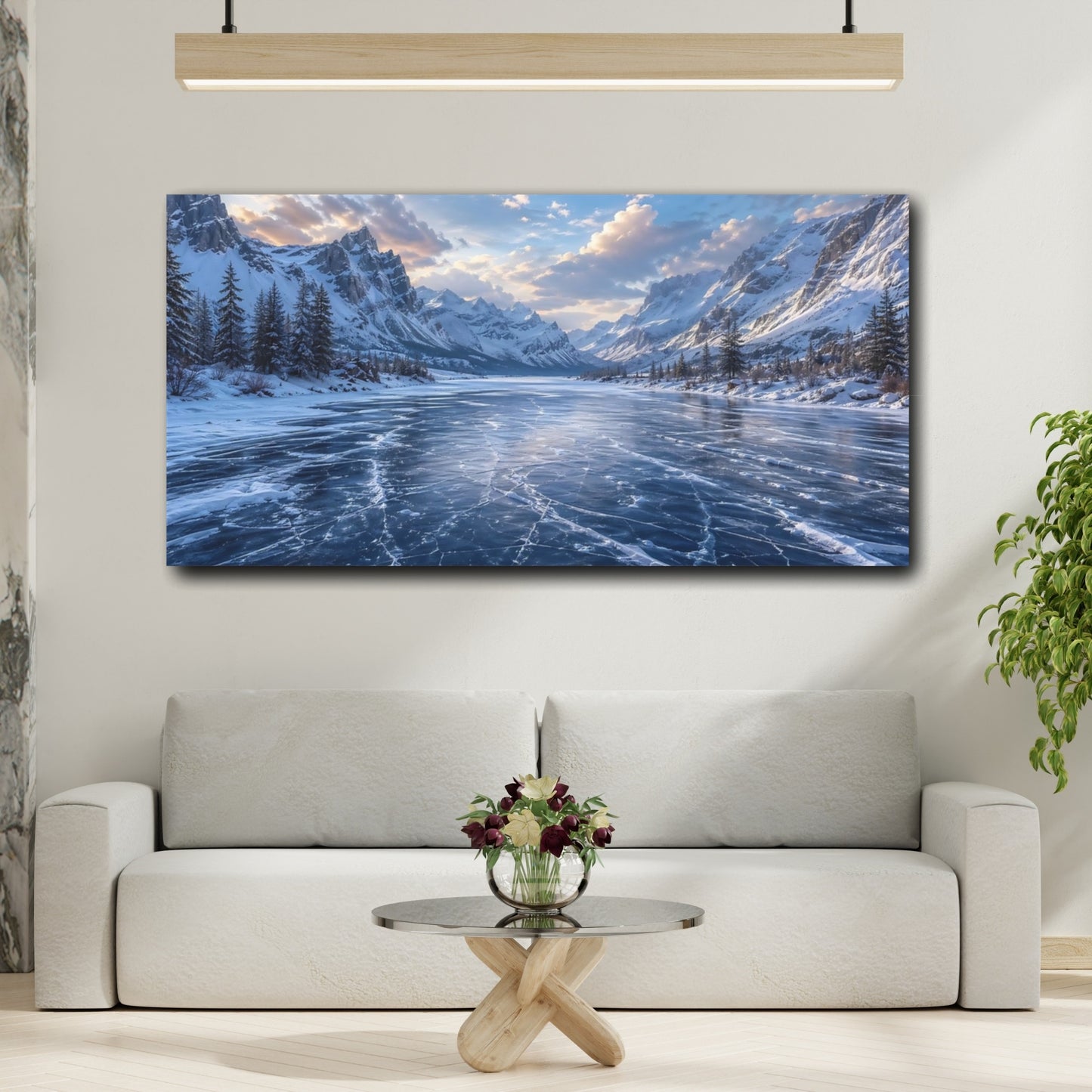 Mockup 3. Nature Frozen Lake Blue Winter Landscape shown as stretched canvas wall art