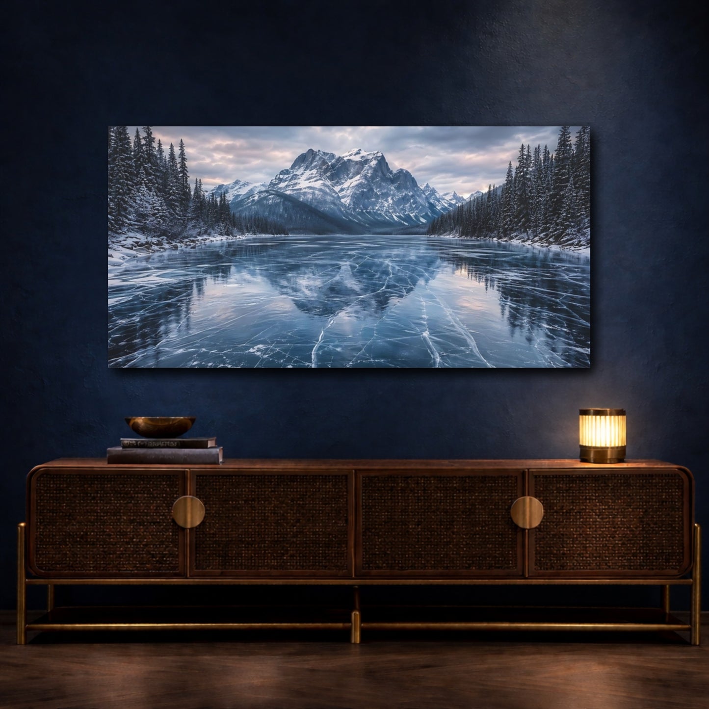 Mockup 4. Nature Frozen Lake Blue Winter Landscape shown as stretched canvas wall art