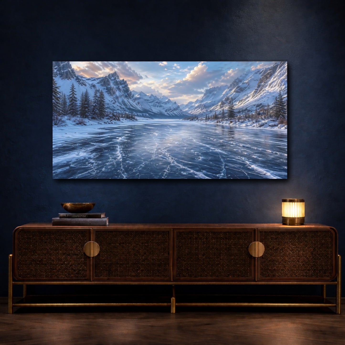 Mockup 4. Nature Frozen Lake Blue Winter Landscape shown as stretched canvas wall art