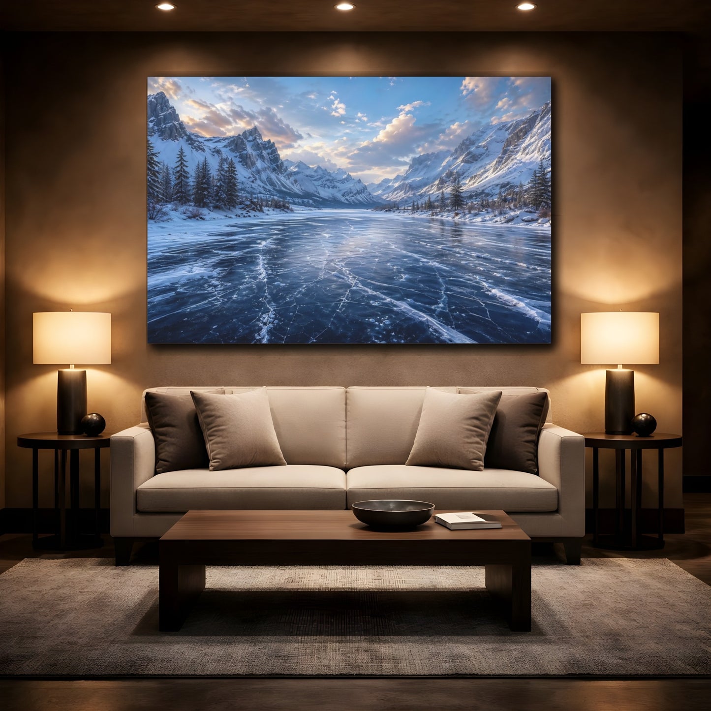 Mockup 2. Nature Frozen Lake Blue Winter shown as stretched canvas wall art