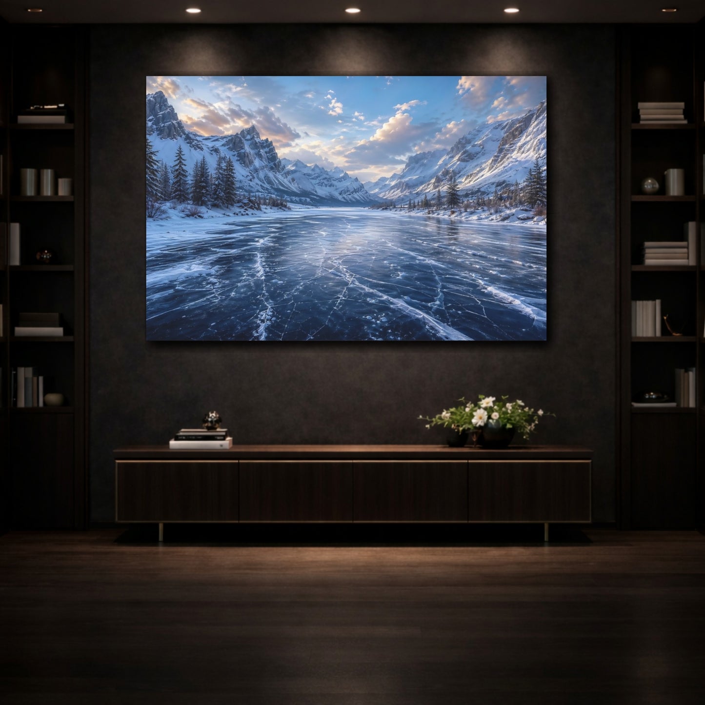 Mockup 3. Nature Frozen Lake Blue Winter shown as stretched canvas wall art