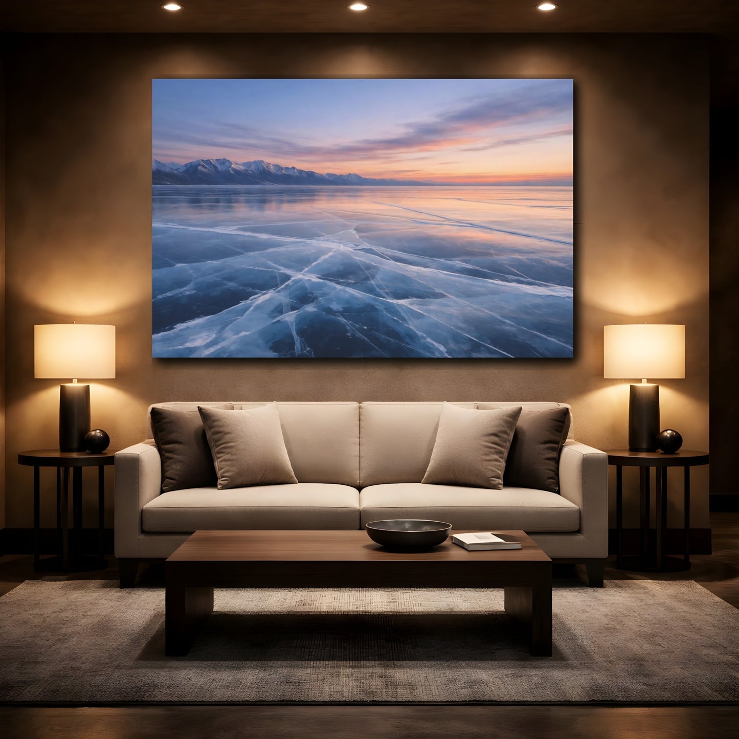 Mockup 2. Nature Frozen Lake Frozen Lake Blue shown as stretched canvas wall art