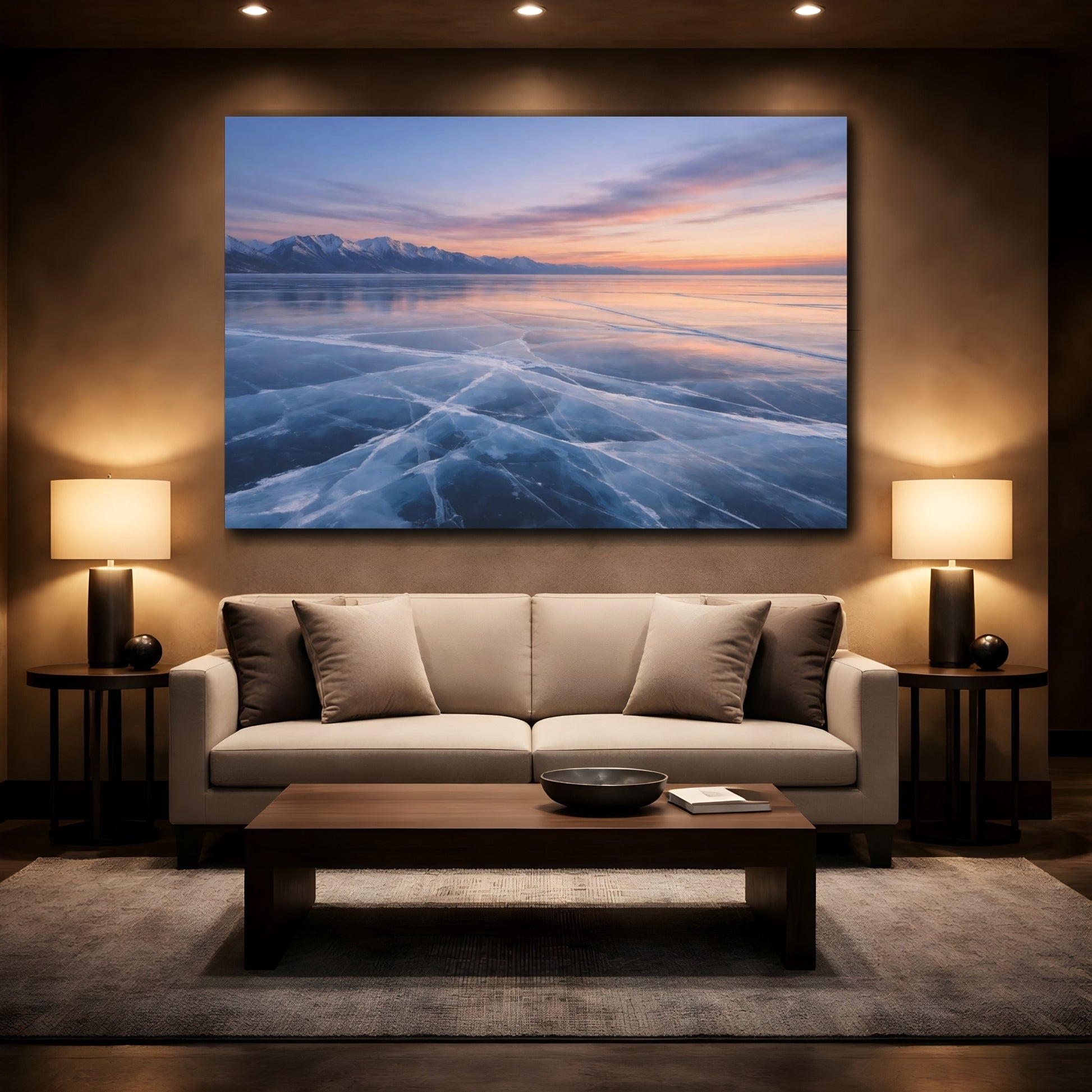 Mockup 2. Nature Frozen Lake Frozen Lake Blue shown as stretched canvas wall art