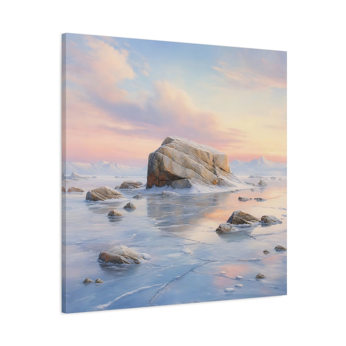 Main Mockup. Nature Frozen Lake Pastel Frozen Landscape shown as stretched canvas wall art
