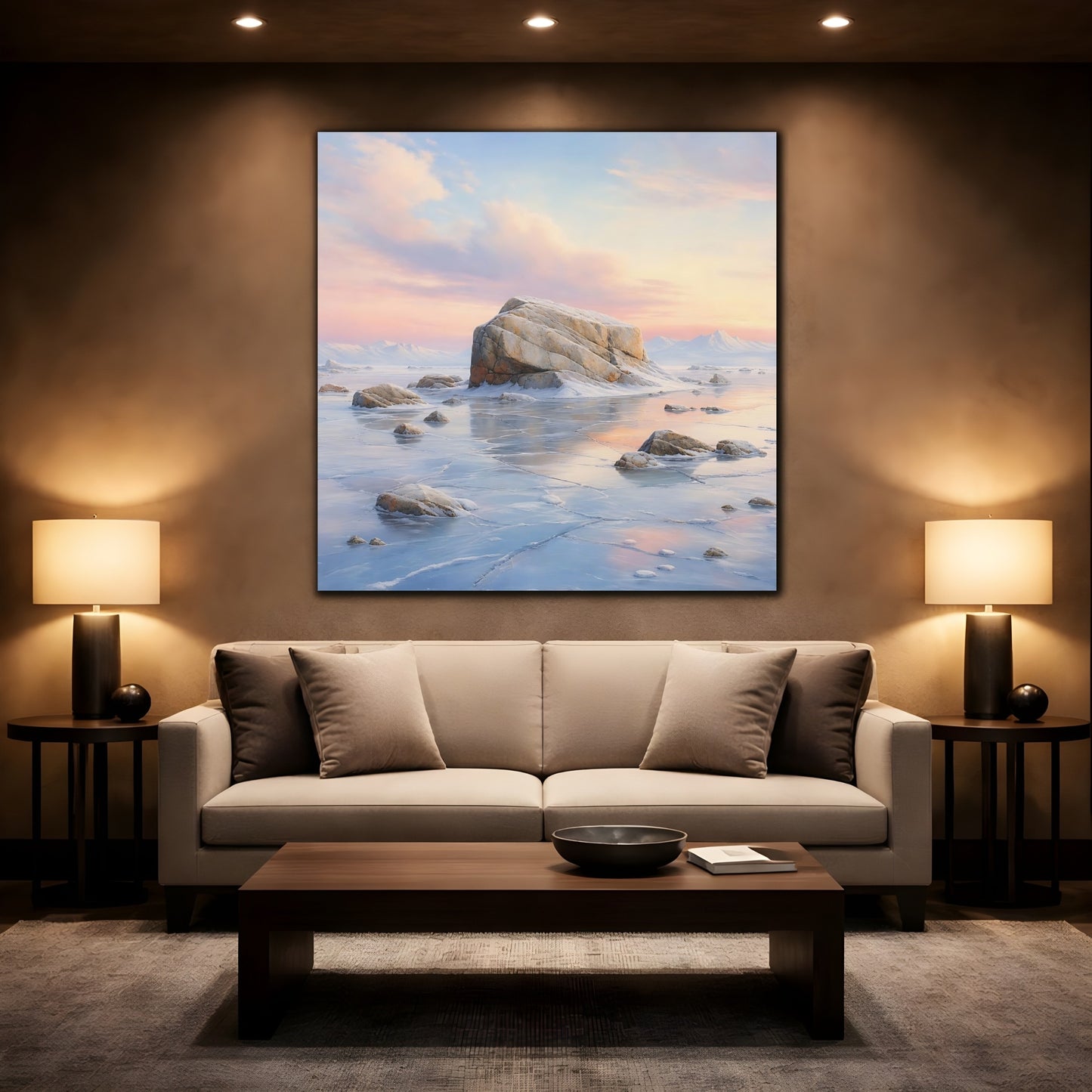 Mockup 2. Nature Frozen Lake Pastel Frozen Landscape shown as stretched canvas wall art