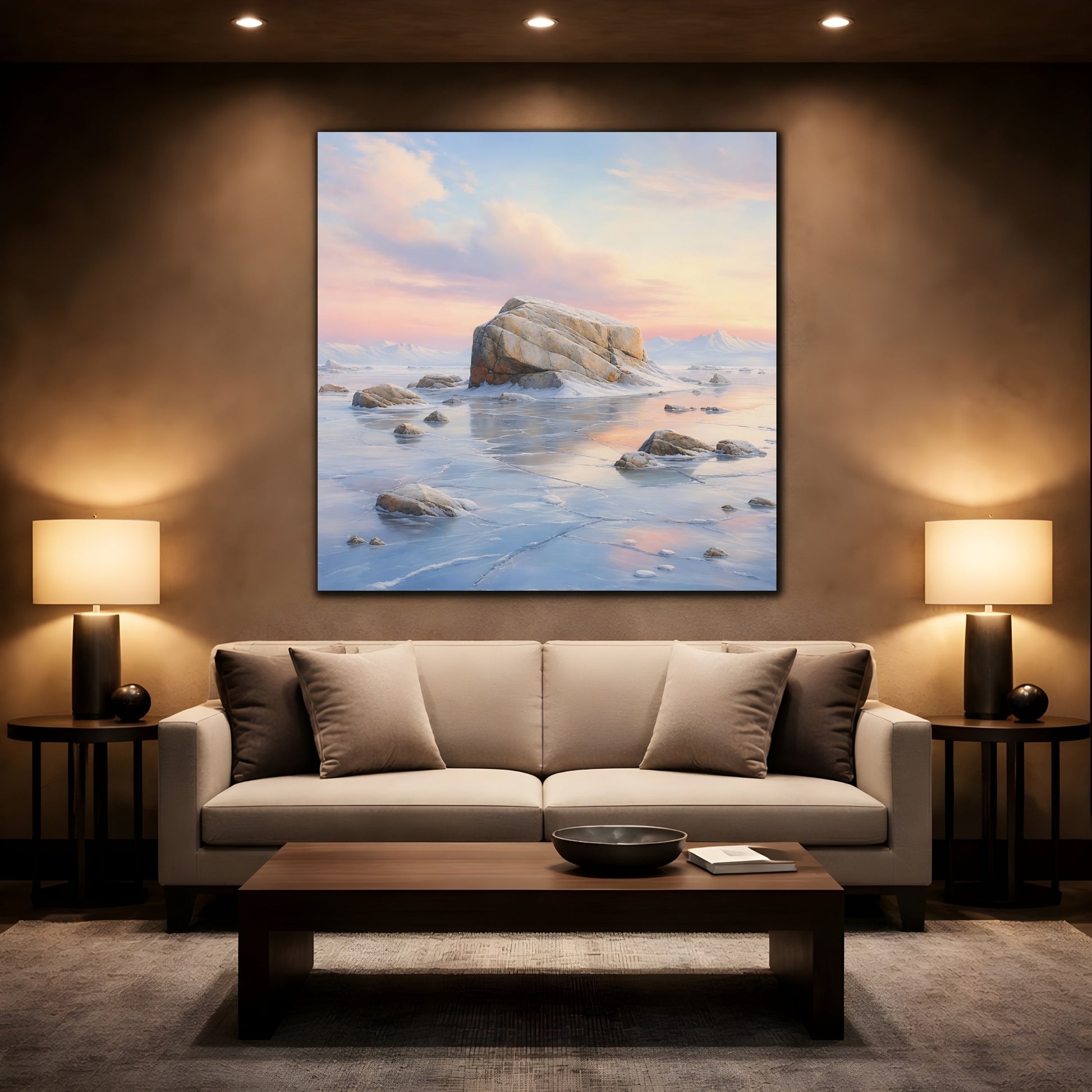 Mockup 2. Nature Frozen Lake Pastel Frozen Landscape shown as stretched canvas wall art