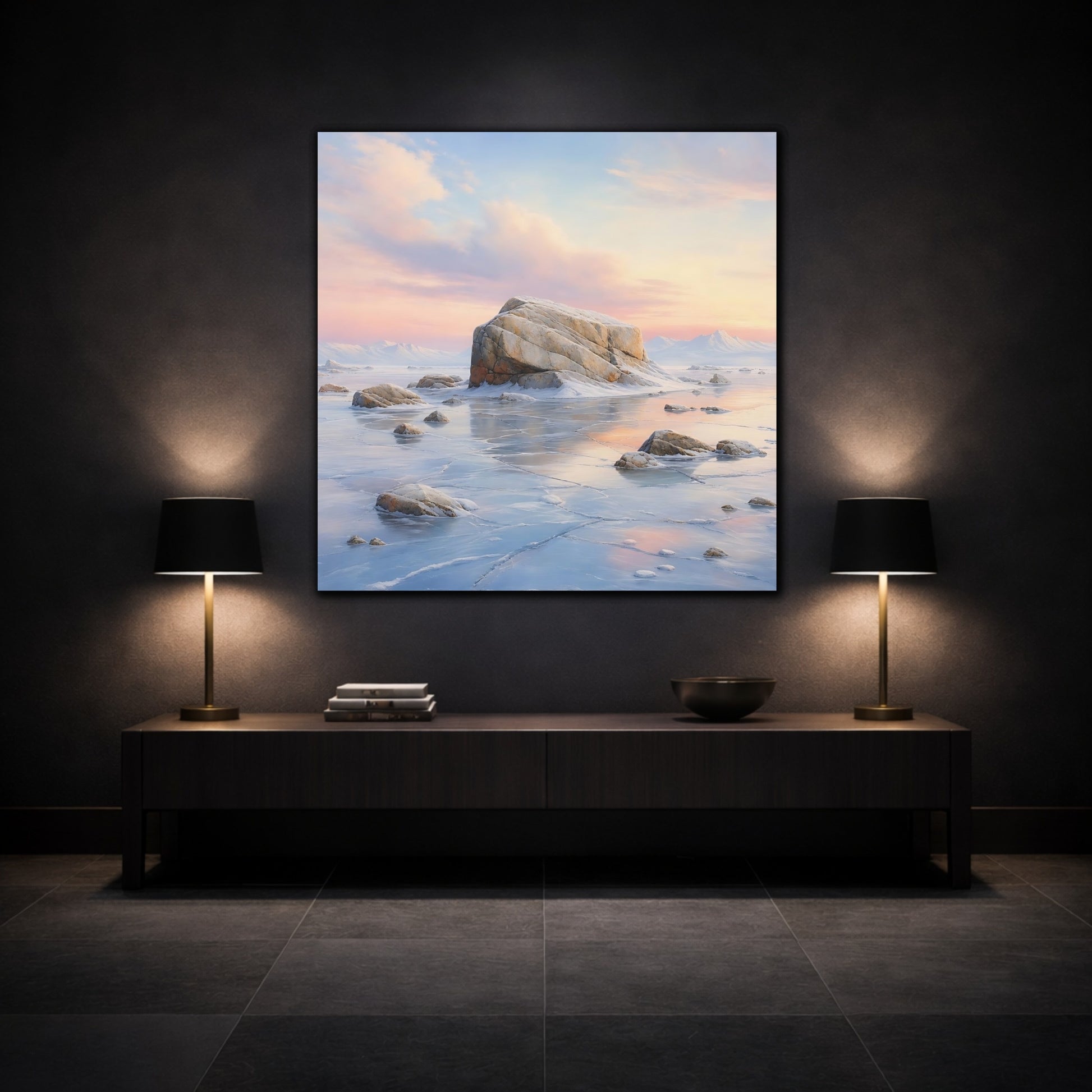 Mockup 3. Nature Frozen Lake Pastel Frozen Landscape shown as stretched canvas wall art