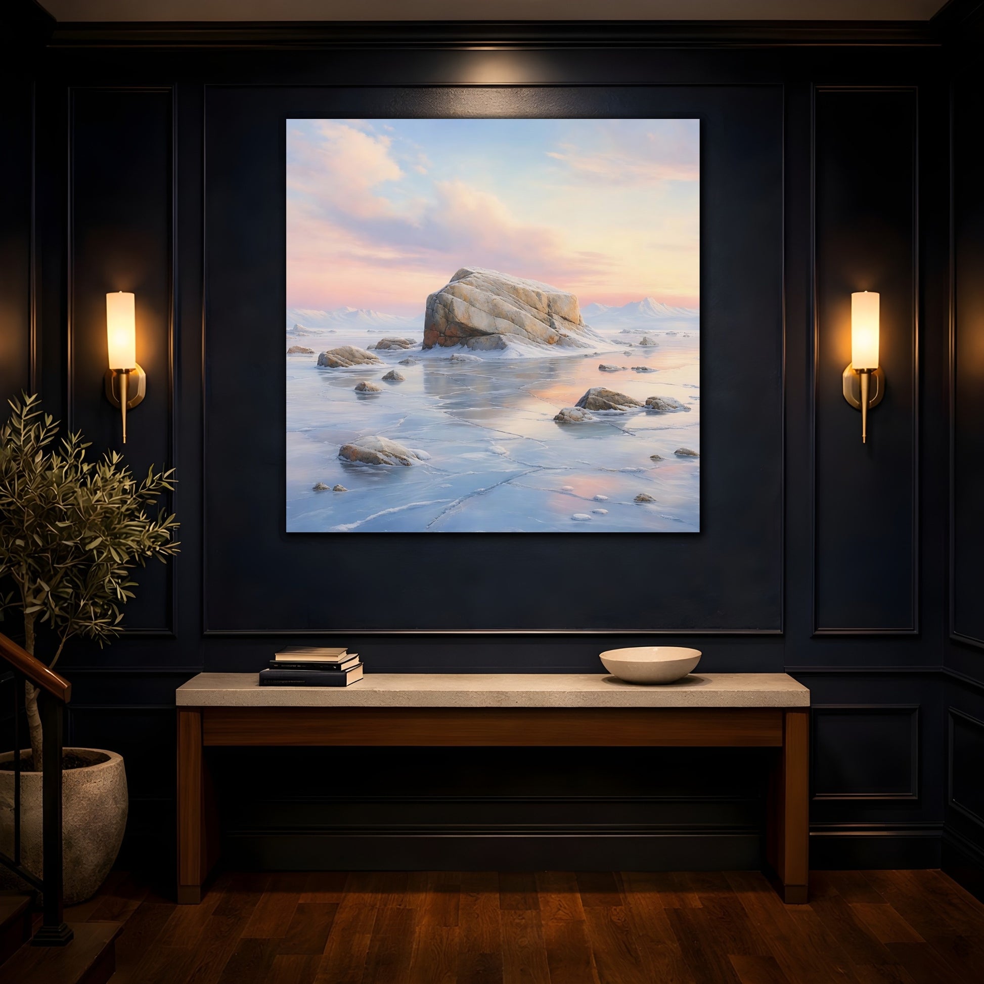 Mockup 4. Nature Frozen Lake Pastel Frozen Landscape shown as stretched canvas wall art