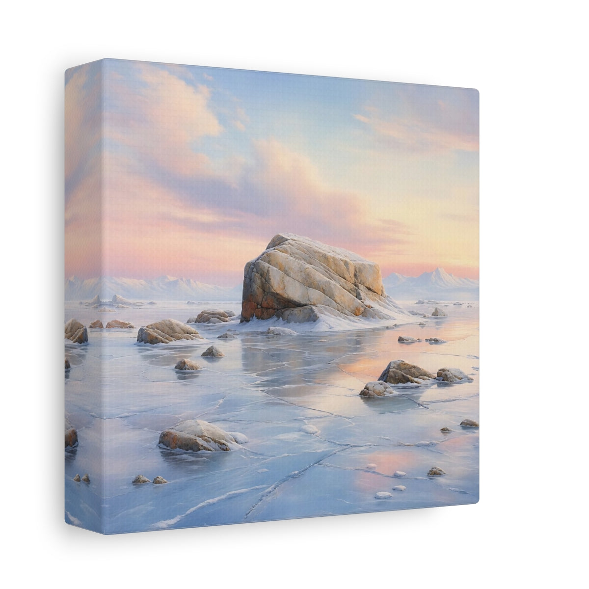 Side Mockup 2. Nature Frozen Lake Pastel Frozen Landscape shown as stretched canvas wall art