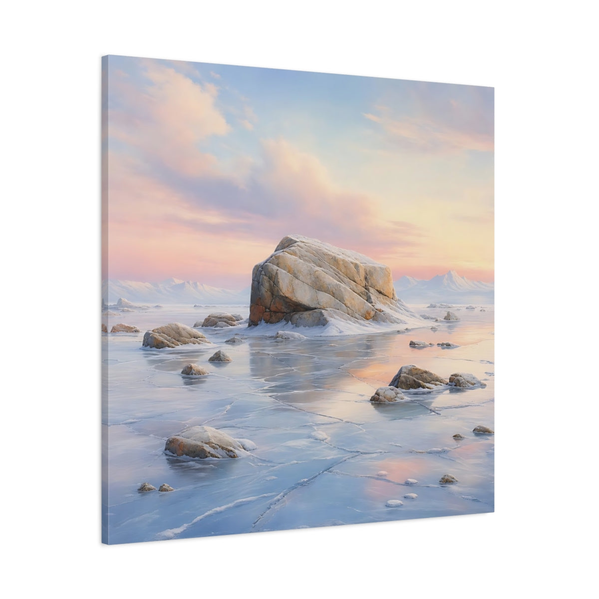 Side Mockup 1. Nature Frozen Lake Pastel Frozen Landscape shown as stretched canvas wall art