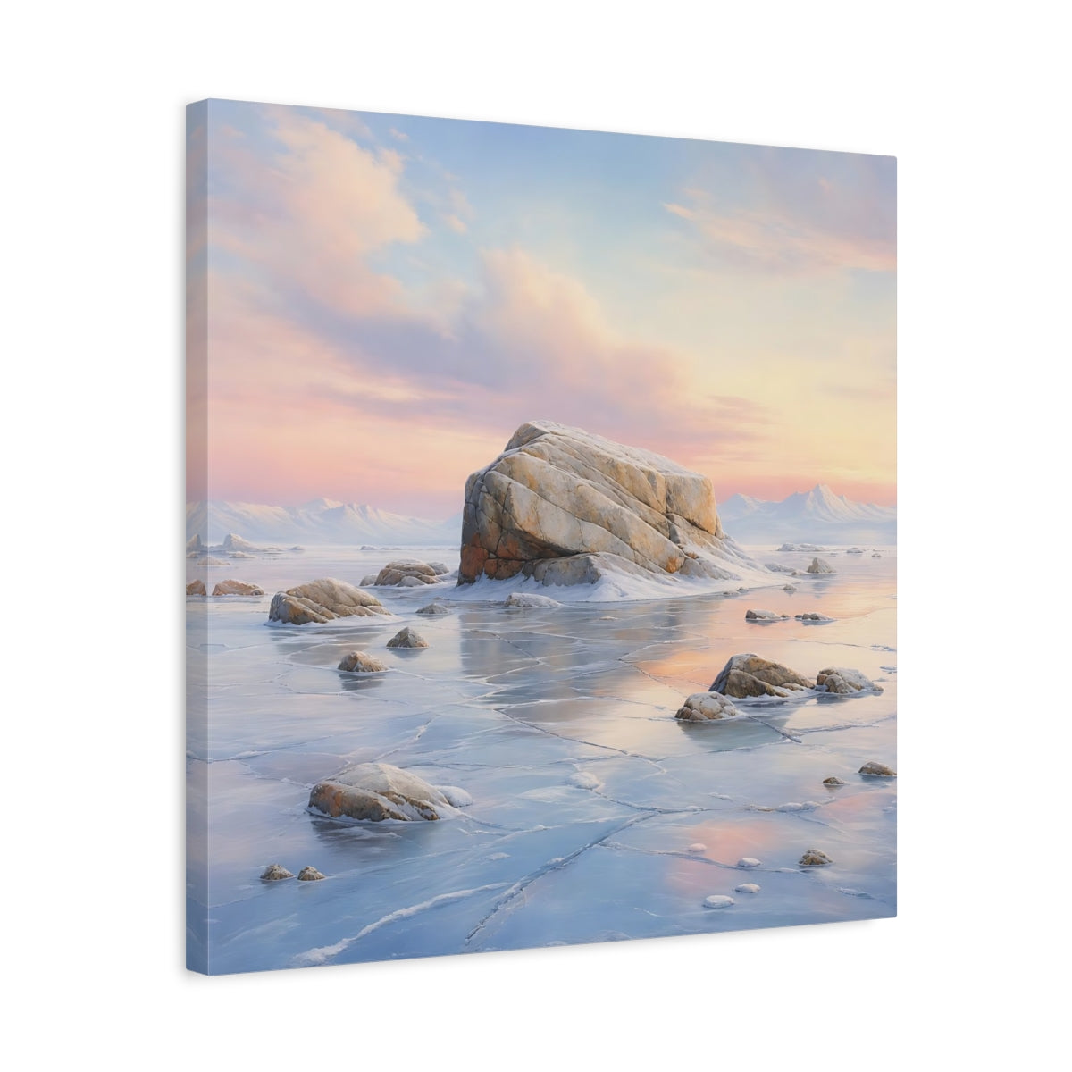 Side Mockup 5. Nature Frozen Lake Pastel Frozen Landscape shown as stretched canvas wall art