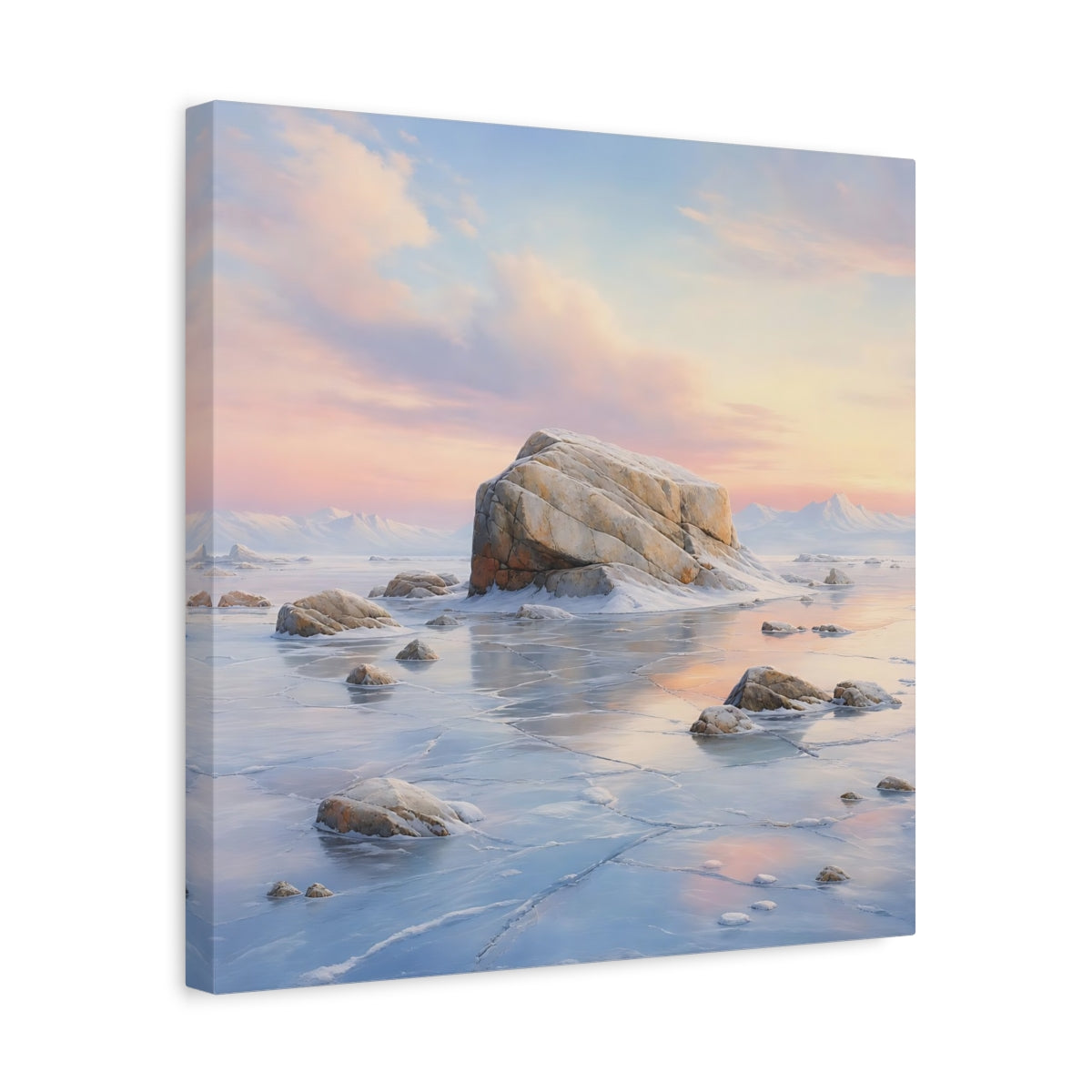 Side Mockup 6. Nature Frozen Lake Pastel Frozen Landscape shown as stretched canvas wall art