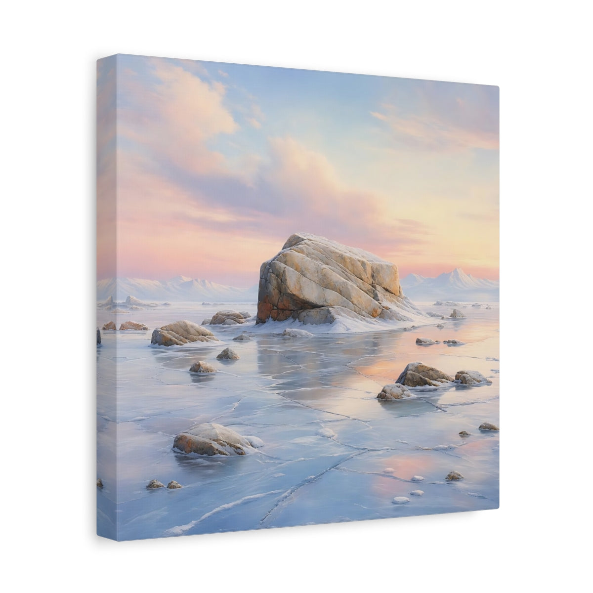 Side Mockup 8. Nature Frozen Lake Pastel Frozen Landscape shown as stretched canvas wall art