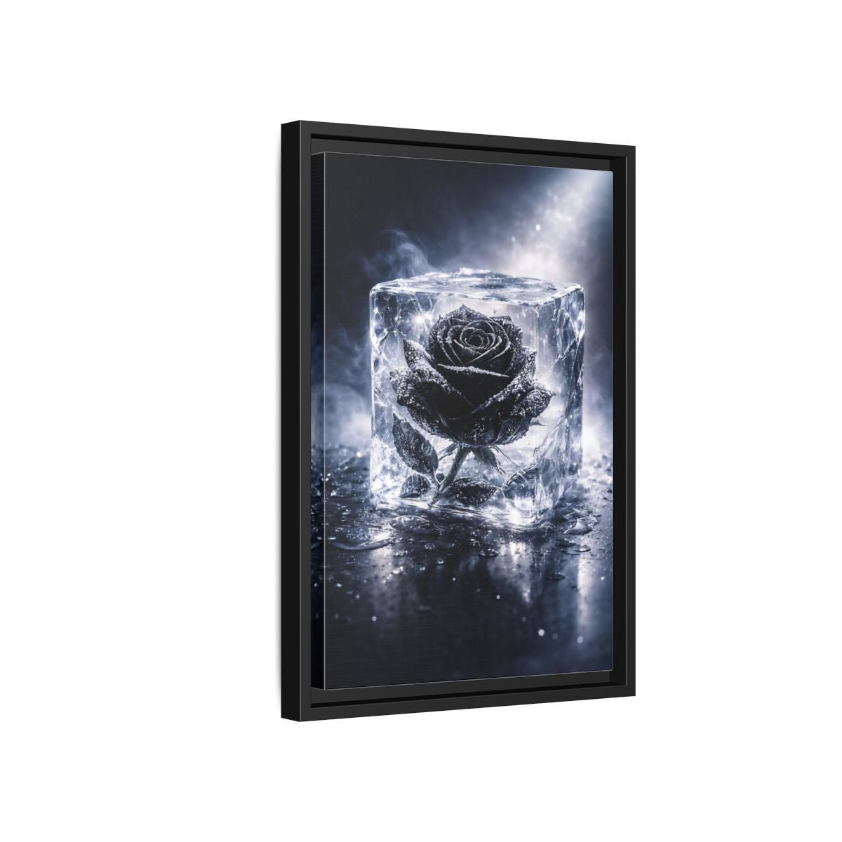 Nature Frozen Rose Black - Framed Canvas Wall Art Print - YesArtYes